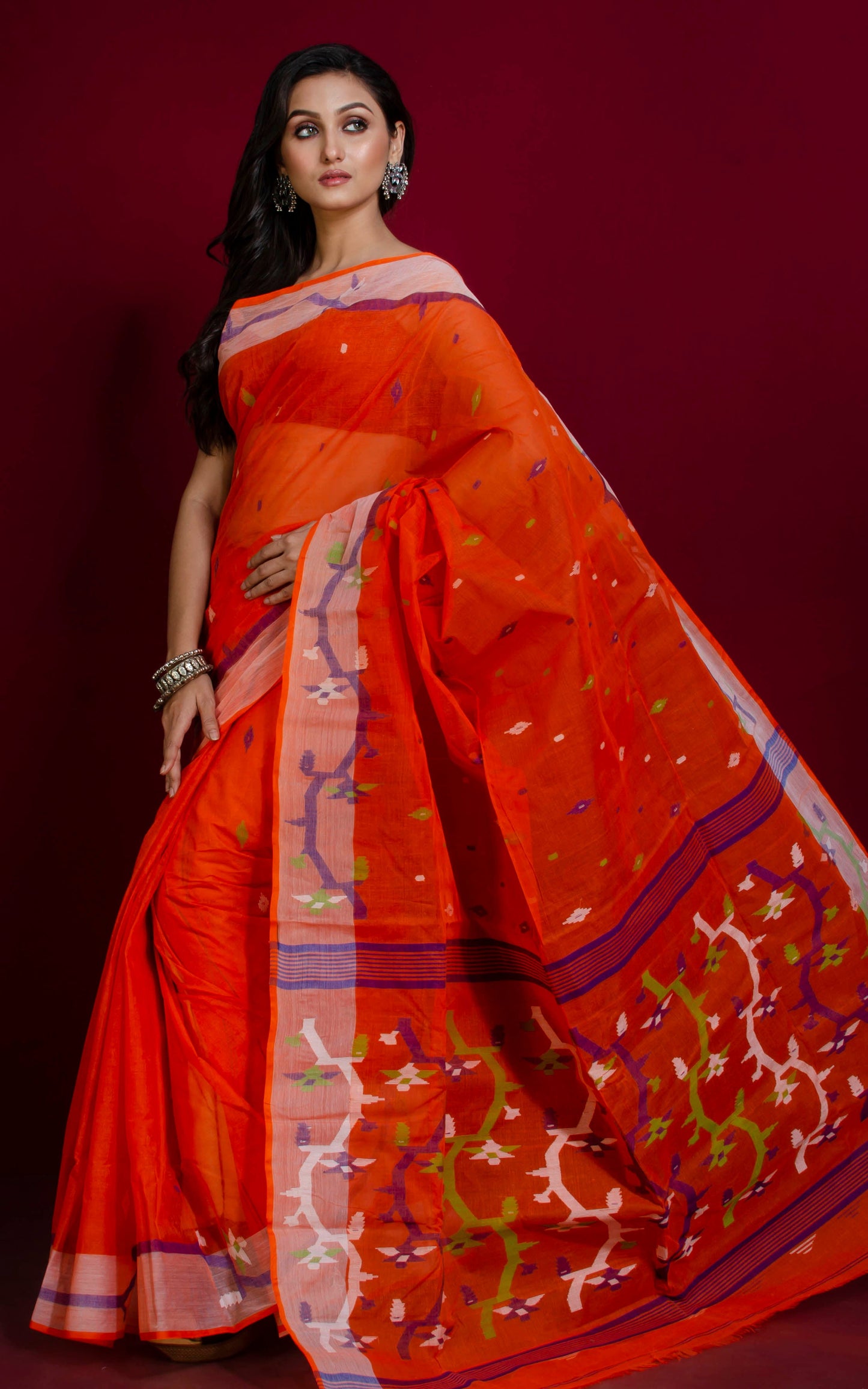 Hand Work Cotton Dhakai Jamdani Saree in Orange and Multicolored Thread Work