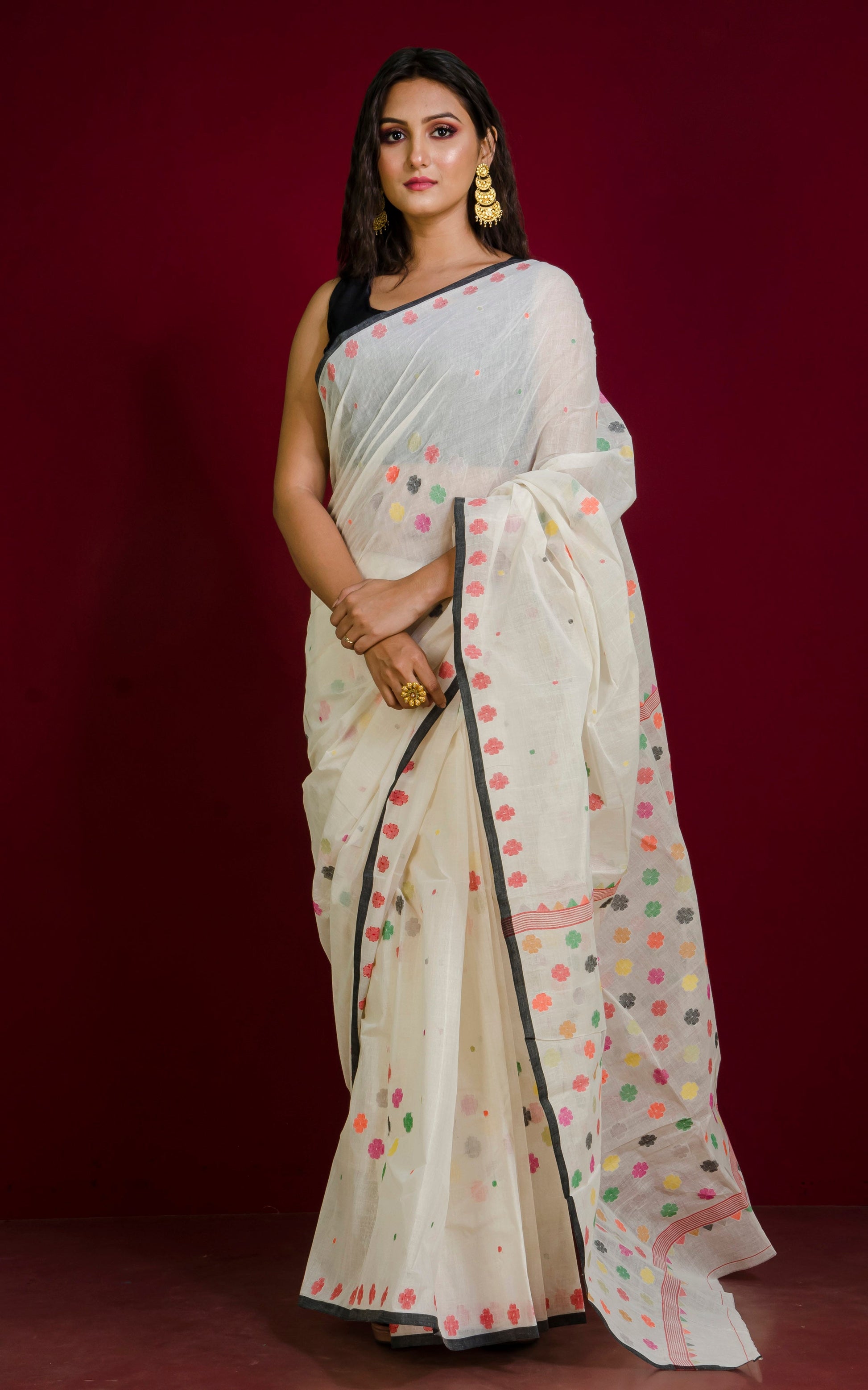 Premium Quality Hand Work Cotton Dhakai Jamdani Saree in Off White, Black and Multicolored Woven Thread Work