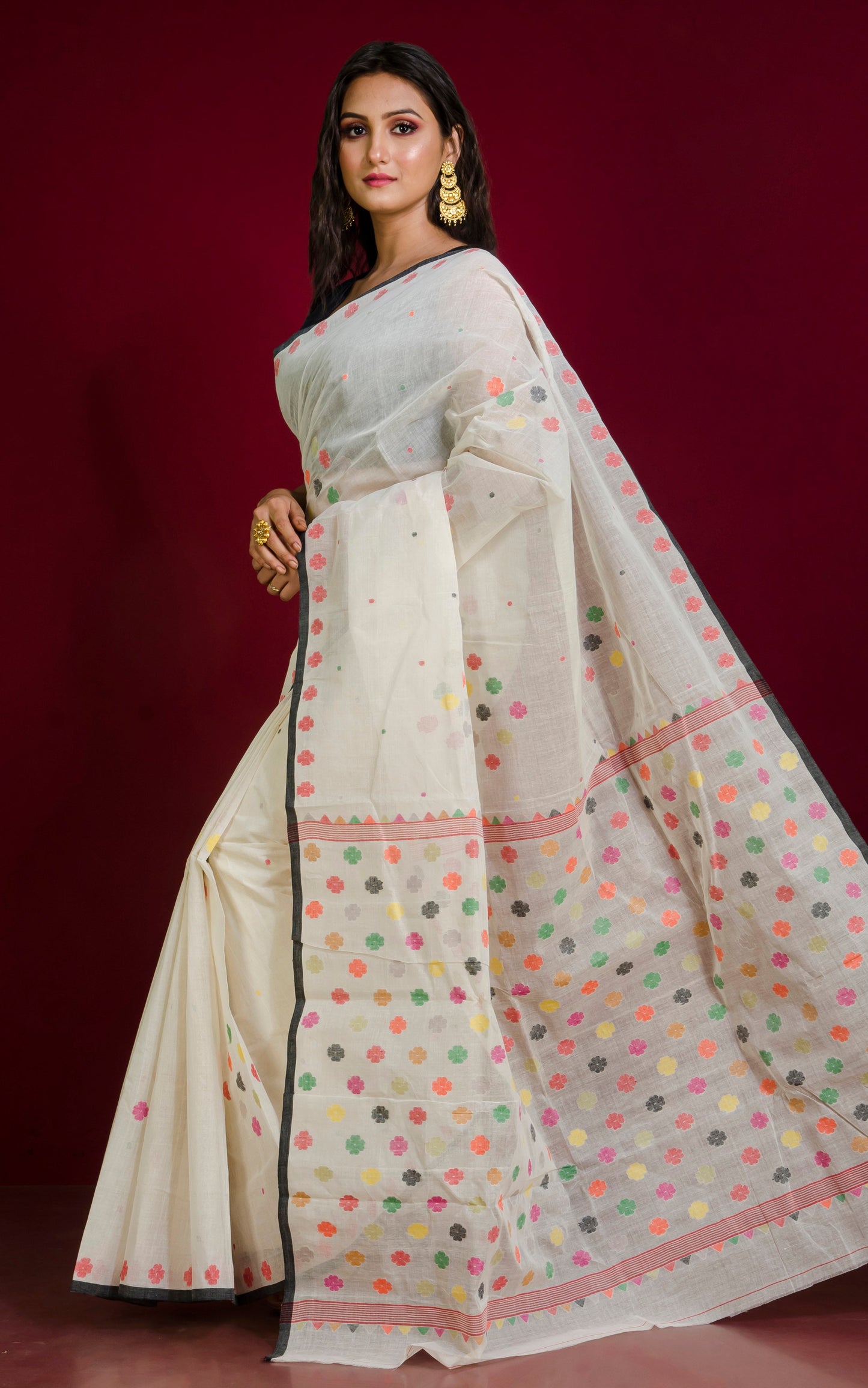 Premium Quality Hand Work Cotton Dhakai Jamdani Saree in Off White, Black and Multicolored Woven Thread Work