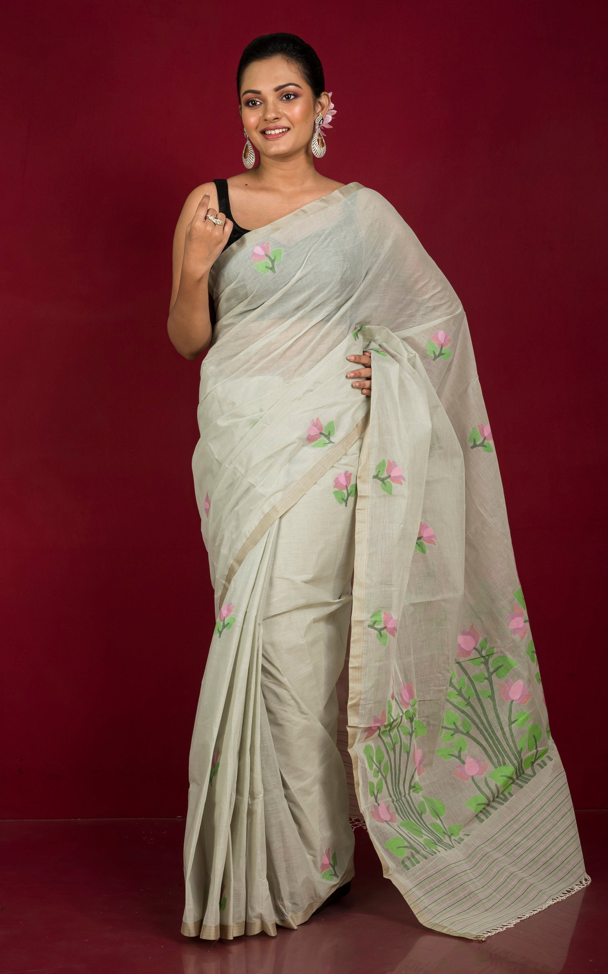 Premium Quality Hand Work Cotton Dhakai Jamdani Saree in Ash and Multicolored Thread Work