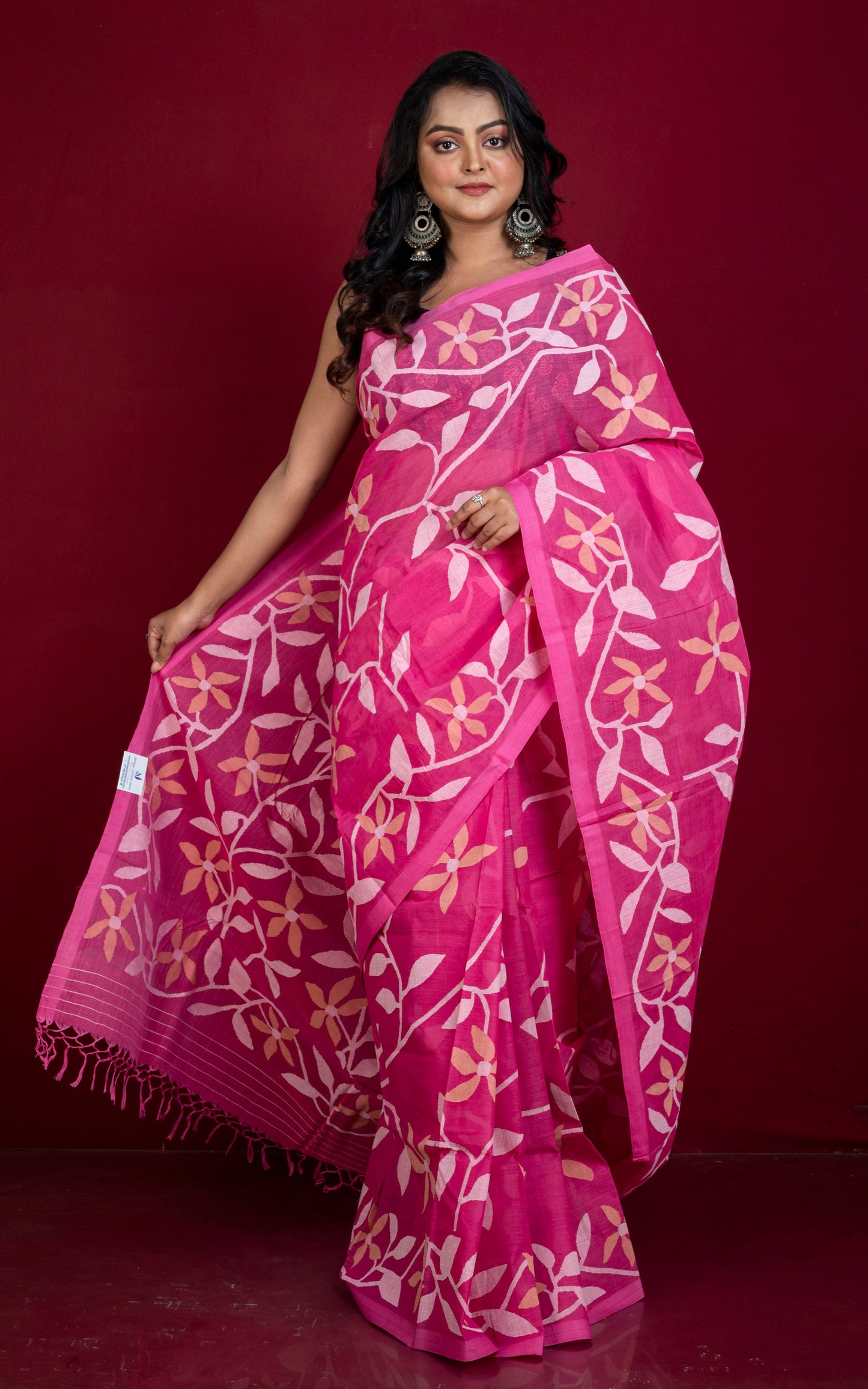 Bengal's Pride Premium Hand Woven Jangla Jaal Work Cotton Dhakai Jamdani Saree in Persian Pink, Beige and Off White Thread Work