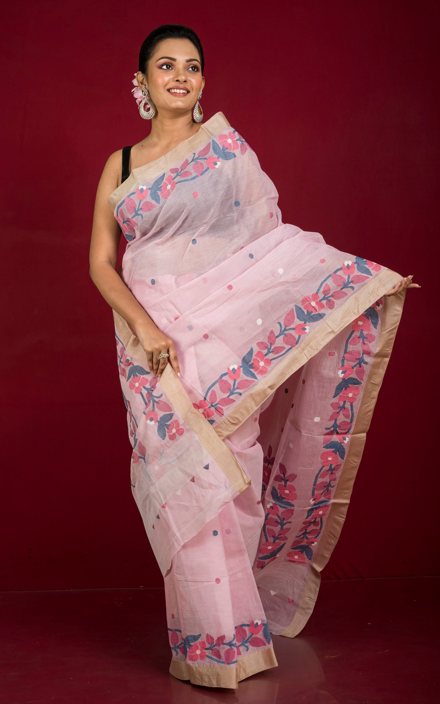 Premium Quality Hand Work Cotton Dhakai Jamdani Saree in Carnation Pink and Multicolored Thread Work