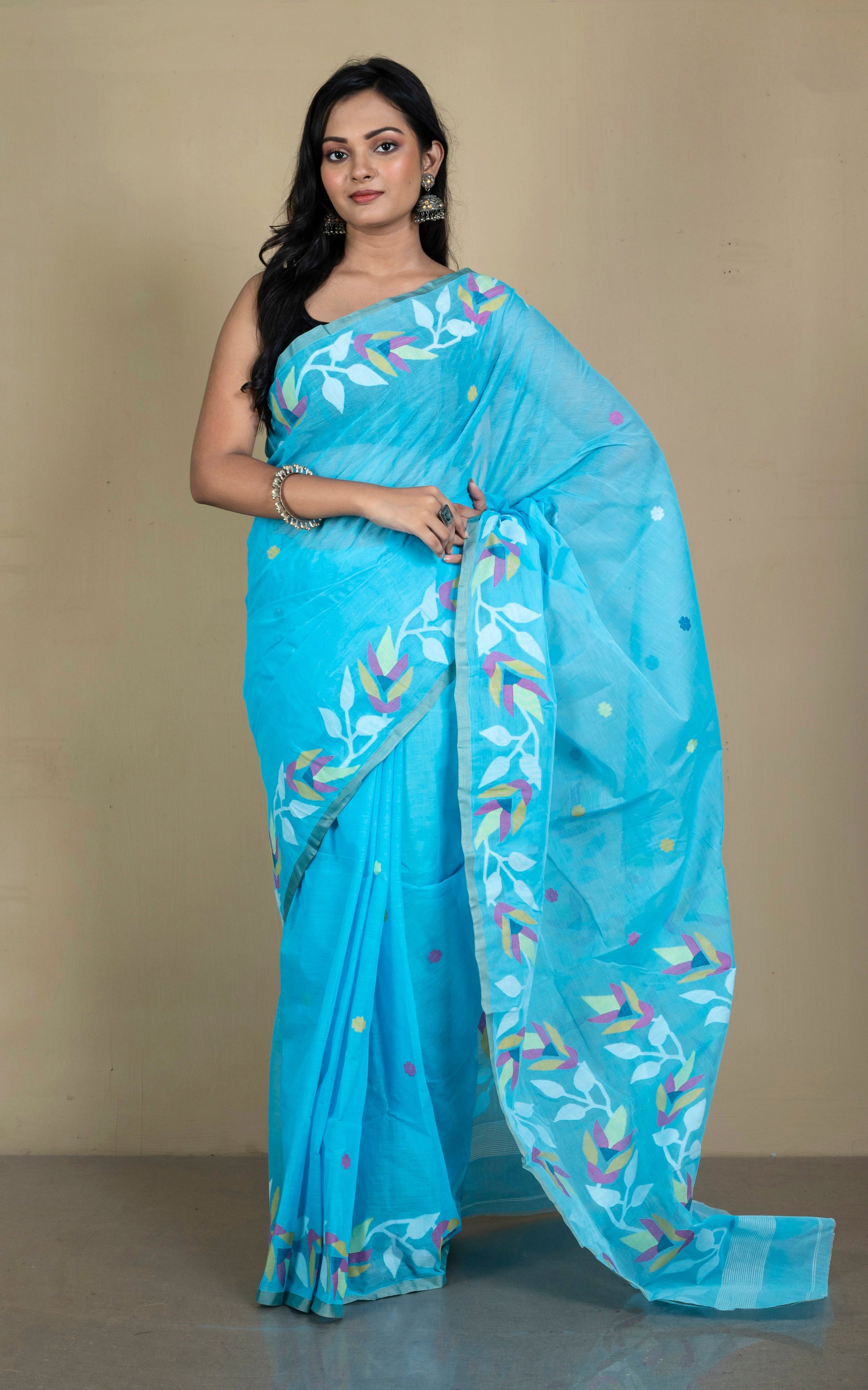 Premium Quality Hand Work Cotton Dhakai Jamdani Saree in Capri Blue and Multicolored Thread Work