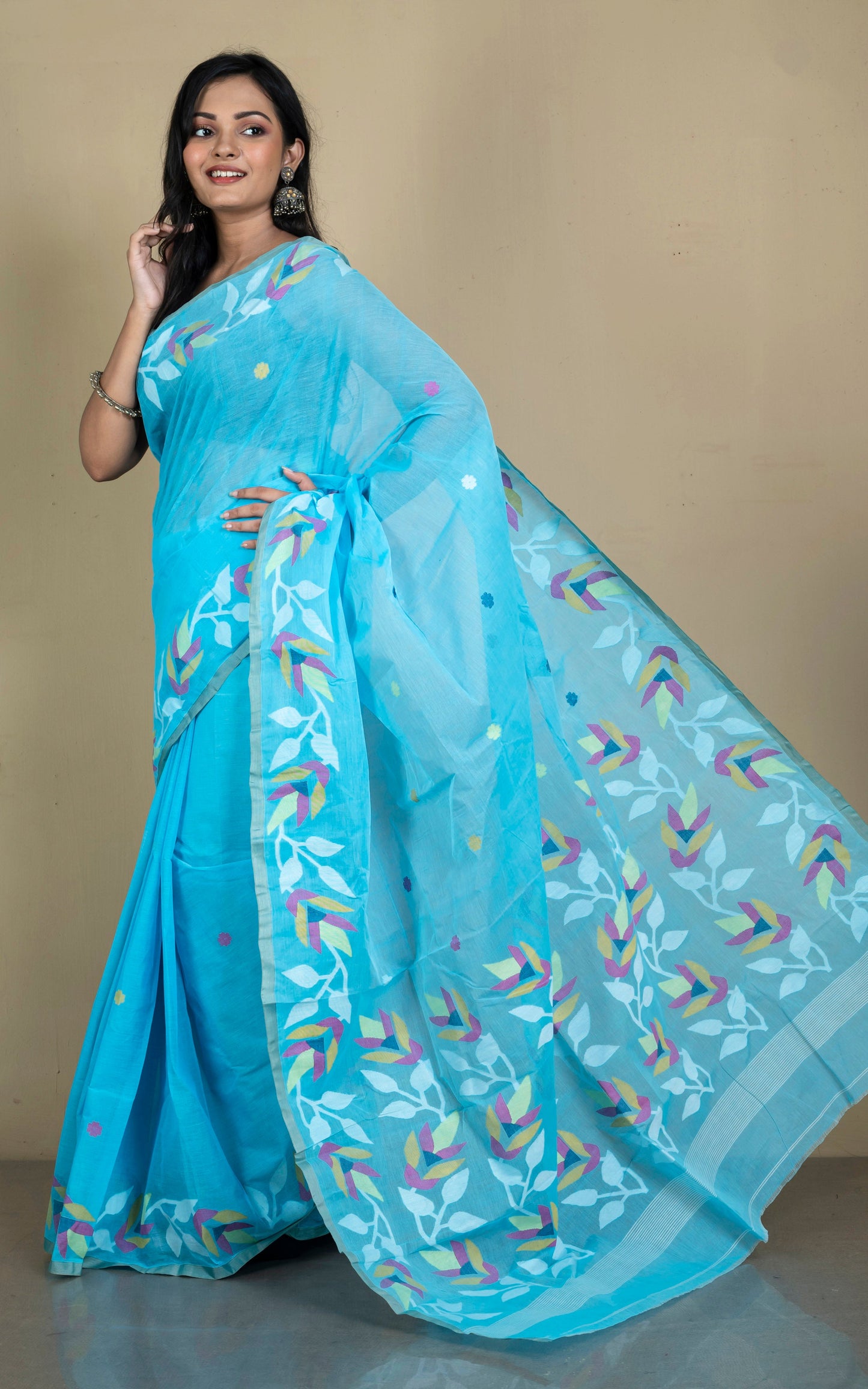 Premium Quality Hand Work Cotton Dhakai Jamdani Saree in Capri Blue and Multicolored Thread Work