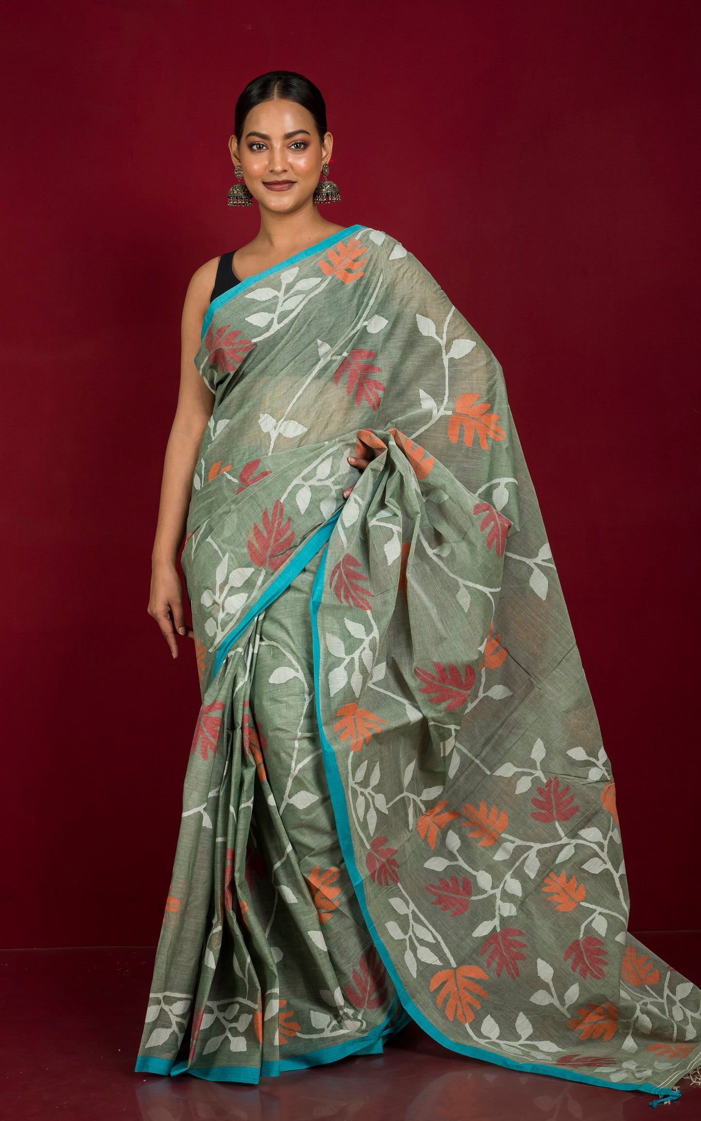 Hand Woven Jangla Jaal Work Cotton Dhakai Jamdani Saree in Gray Green, Cerulean Blue, Off White and Multicolored Thread Work