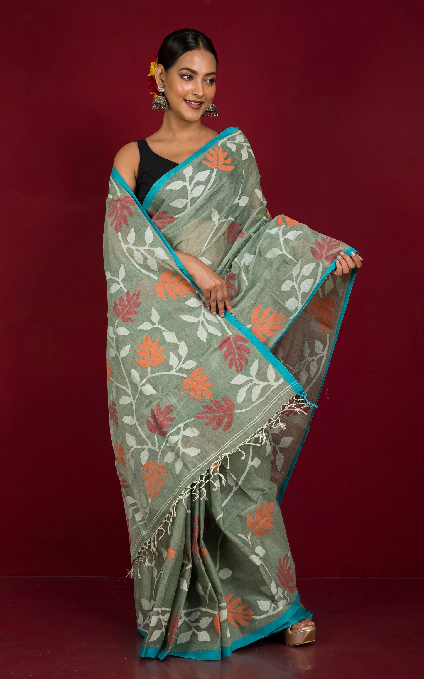 Hand Woven Jangla Jaal Work Cotton Dhakai Jamdani Saree in Gray Green, Cerulean Blue, Off White and Multicolored Thread Work