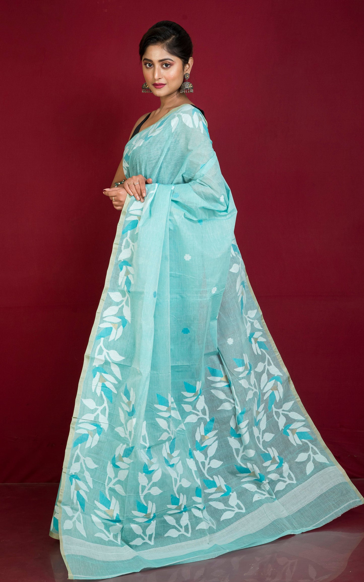 Premium Quality Hand Work Cotton Dhakai Jamdani Saree in Light Turquoise, Sky Blue, Off White and Gold