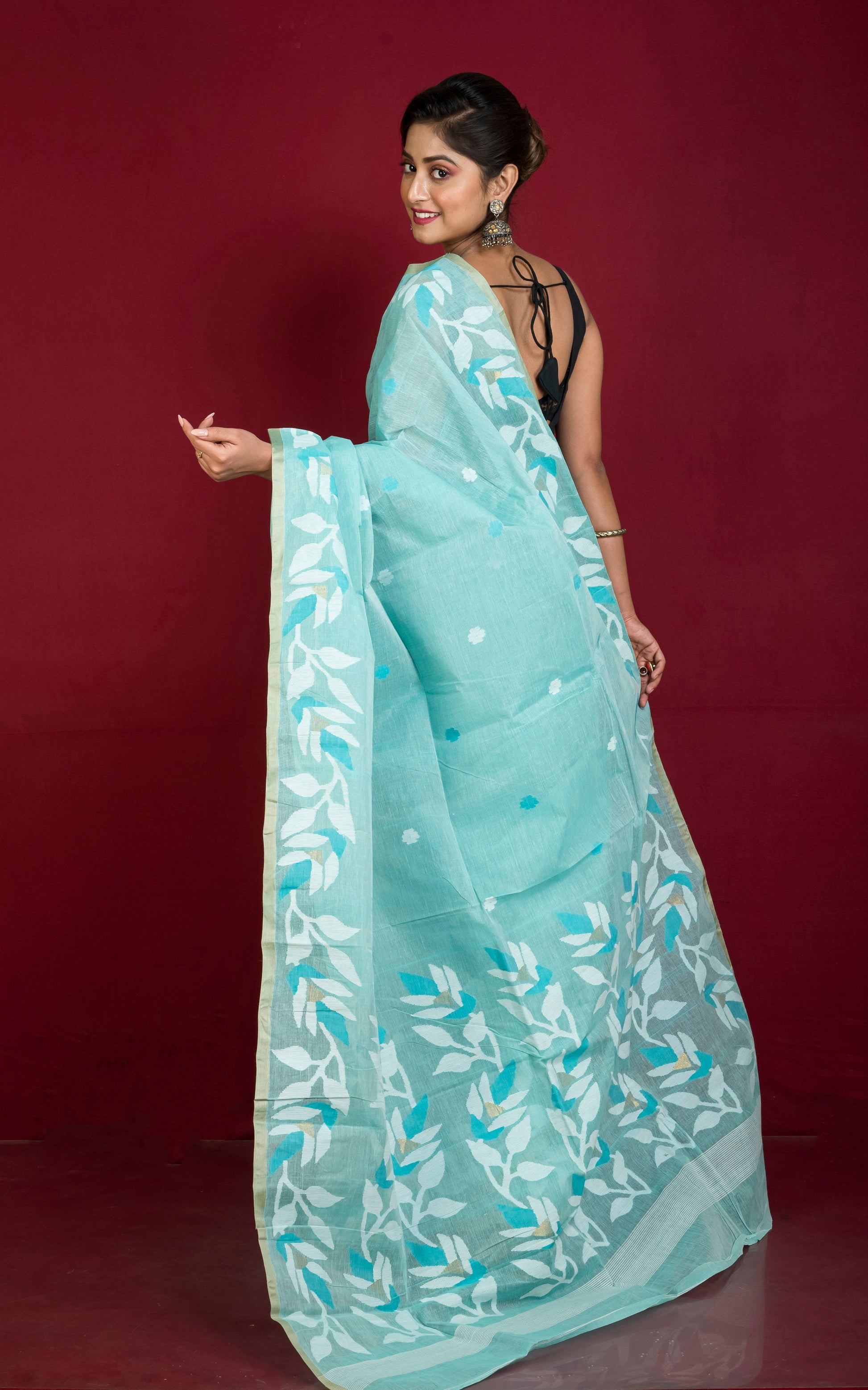 Premium Quality Hand Work Cotton Dhakai Jamdani Saree in Light Turquoise, Sky Blue, Off White and Gold