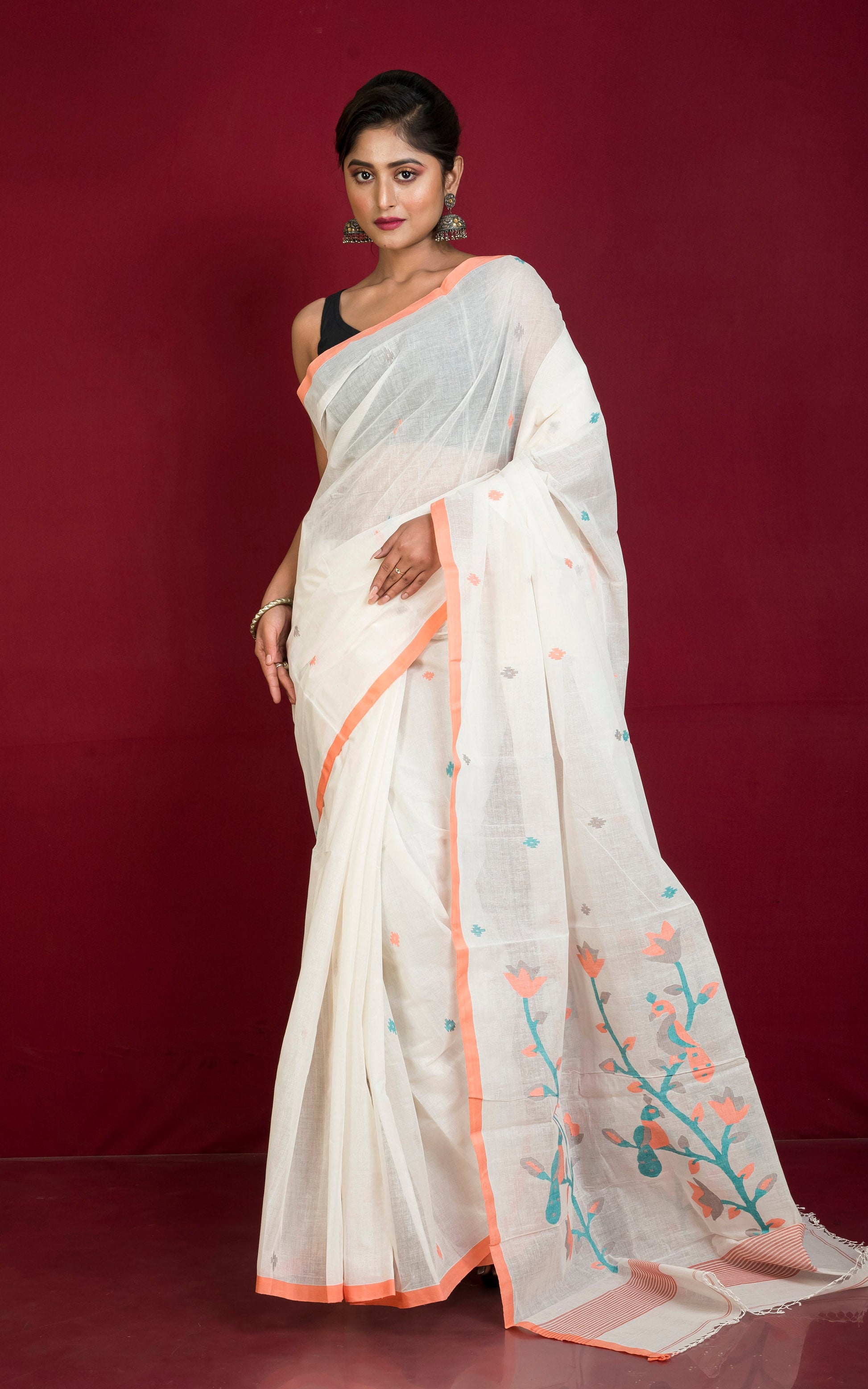 Hand Work Karat Nakshi Butta Cotton Dhakai Jamdani Saree in Off White, Salmon Orange, Teal Green and Snuff Brown Thread Work