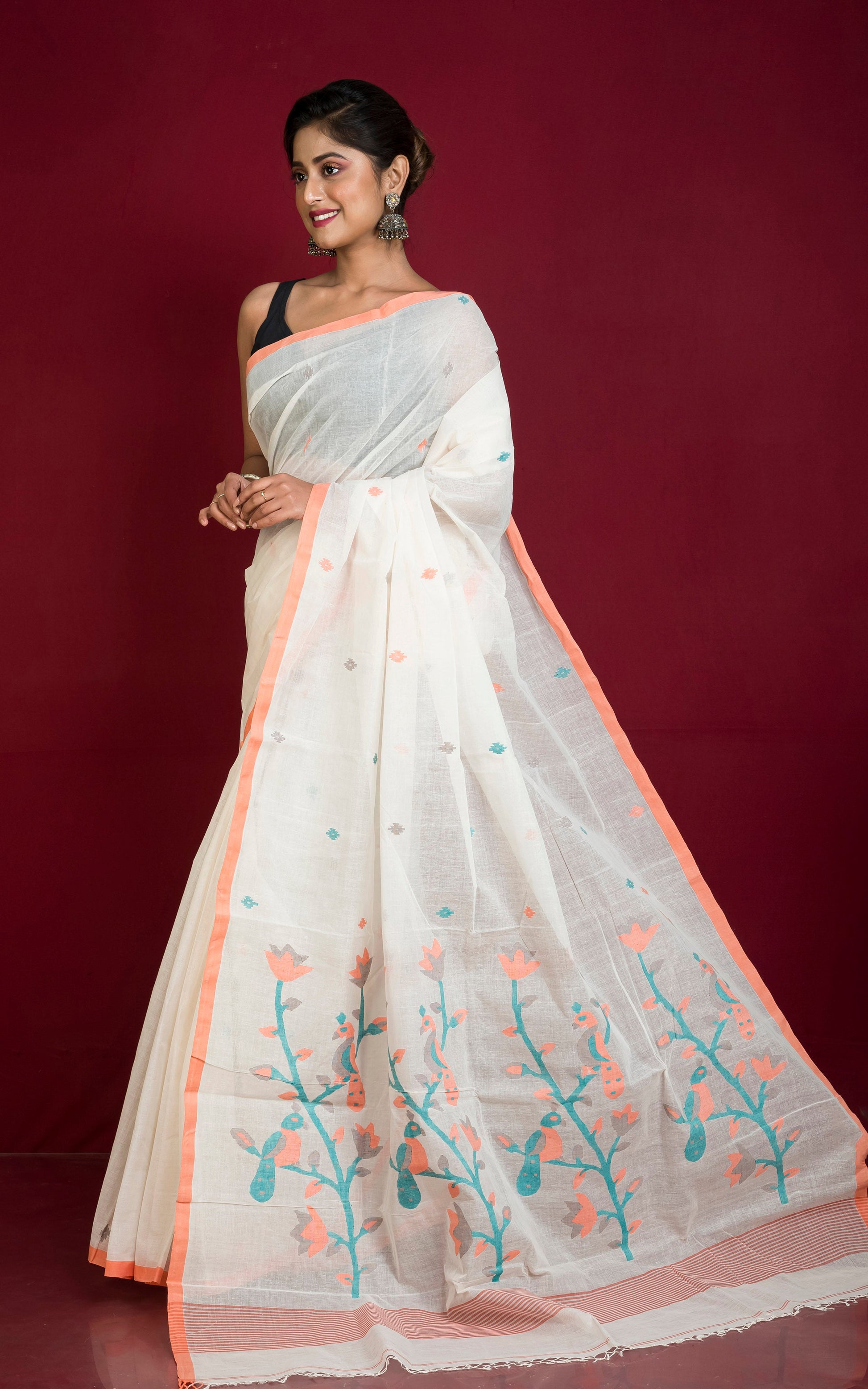 Hand Work Karat Nakshi Butta Cotton Dhakai Jamdani Saree in Off White, Salmon Orange, Teal Green and Snuff Brown Thread Work