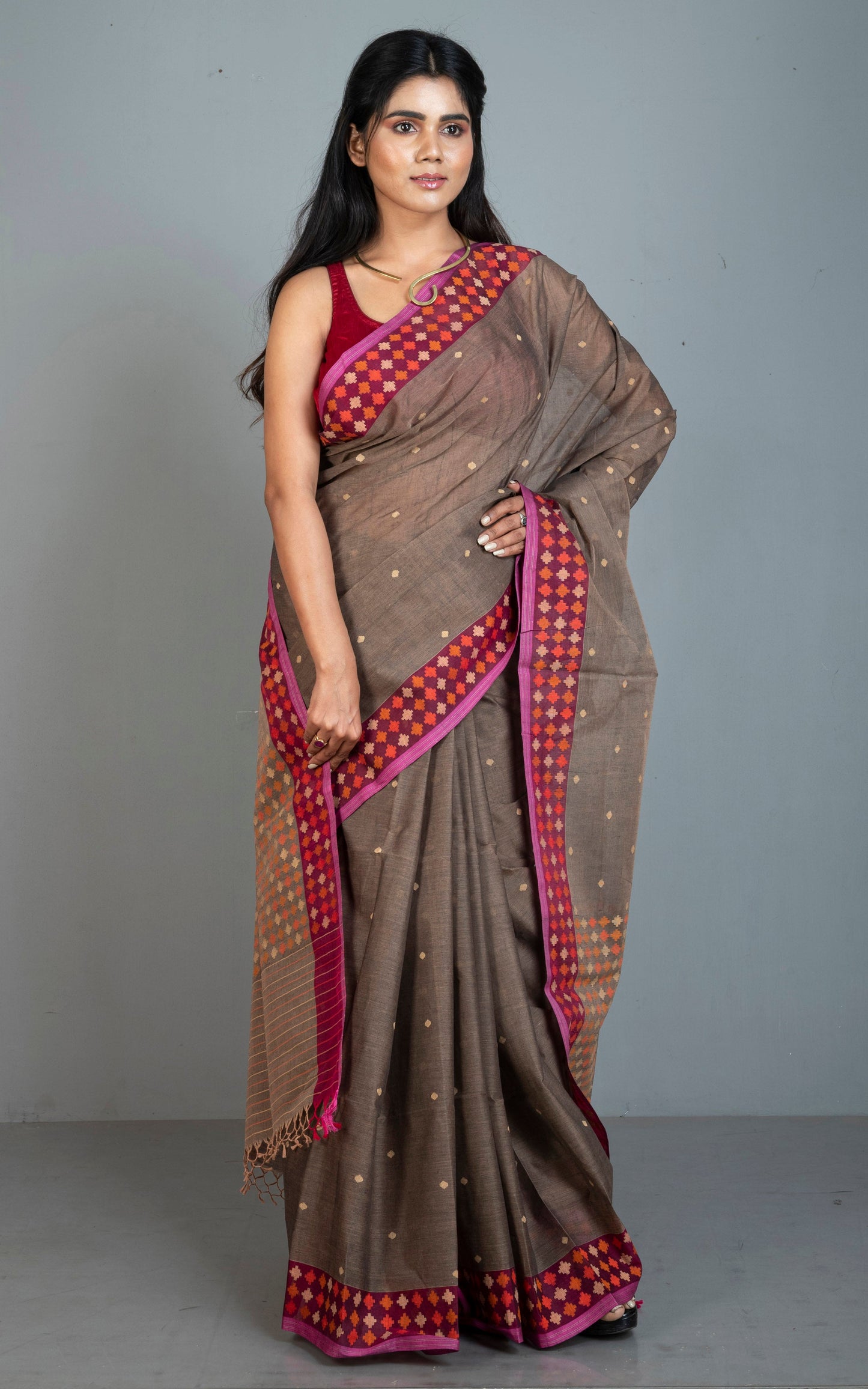 Premium Quality Double Warp Cotton Jamdani Saree in Dual Tone Warm Grey, Hot Pink and Multicolored