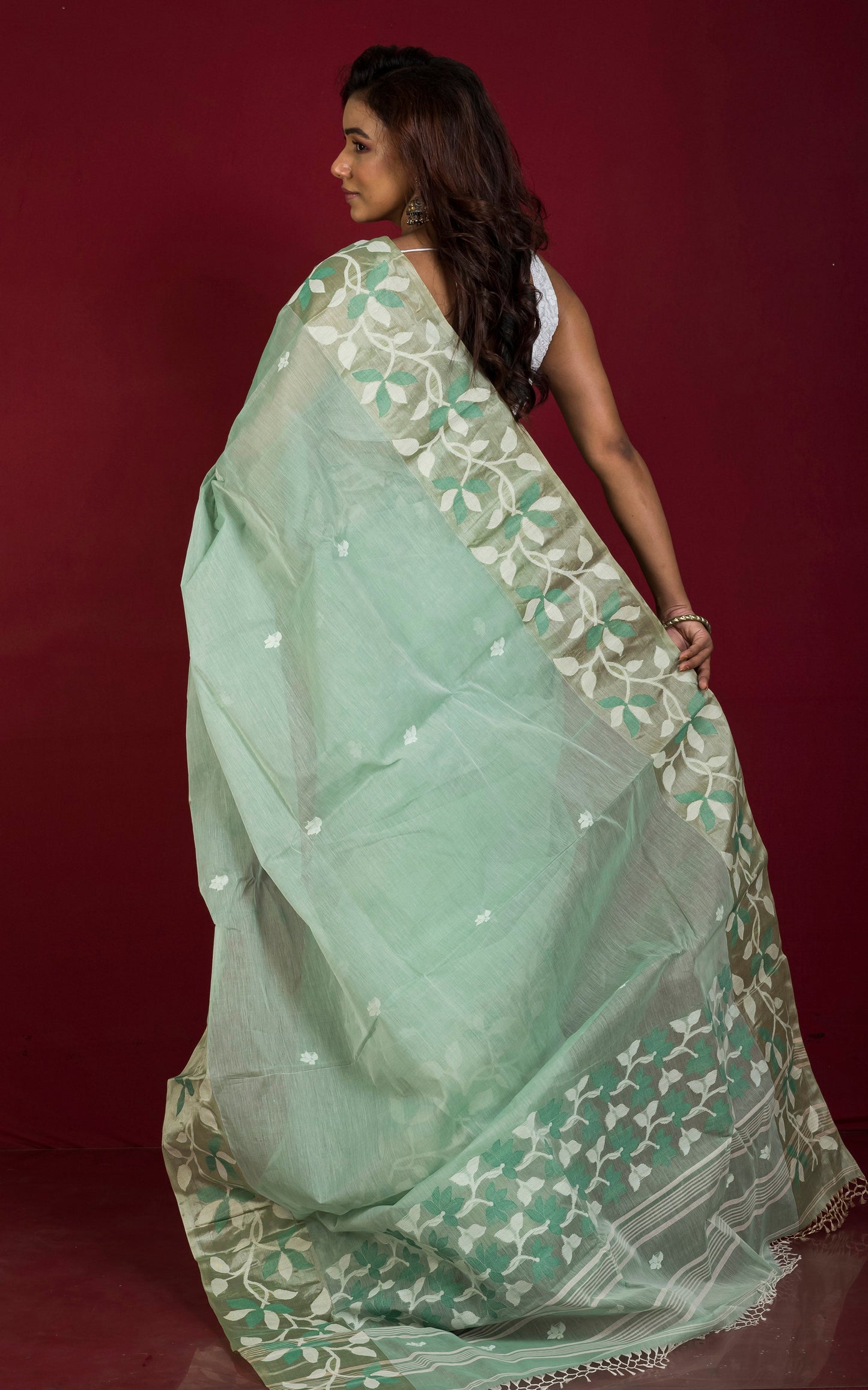 Tussar Silk Hand Woven Lotus Nakshi Border Cotton Dhakai Jamdani Saree in Sea green, Off White and Golden Beige