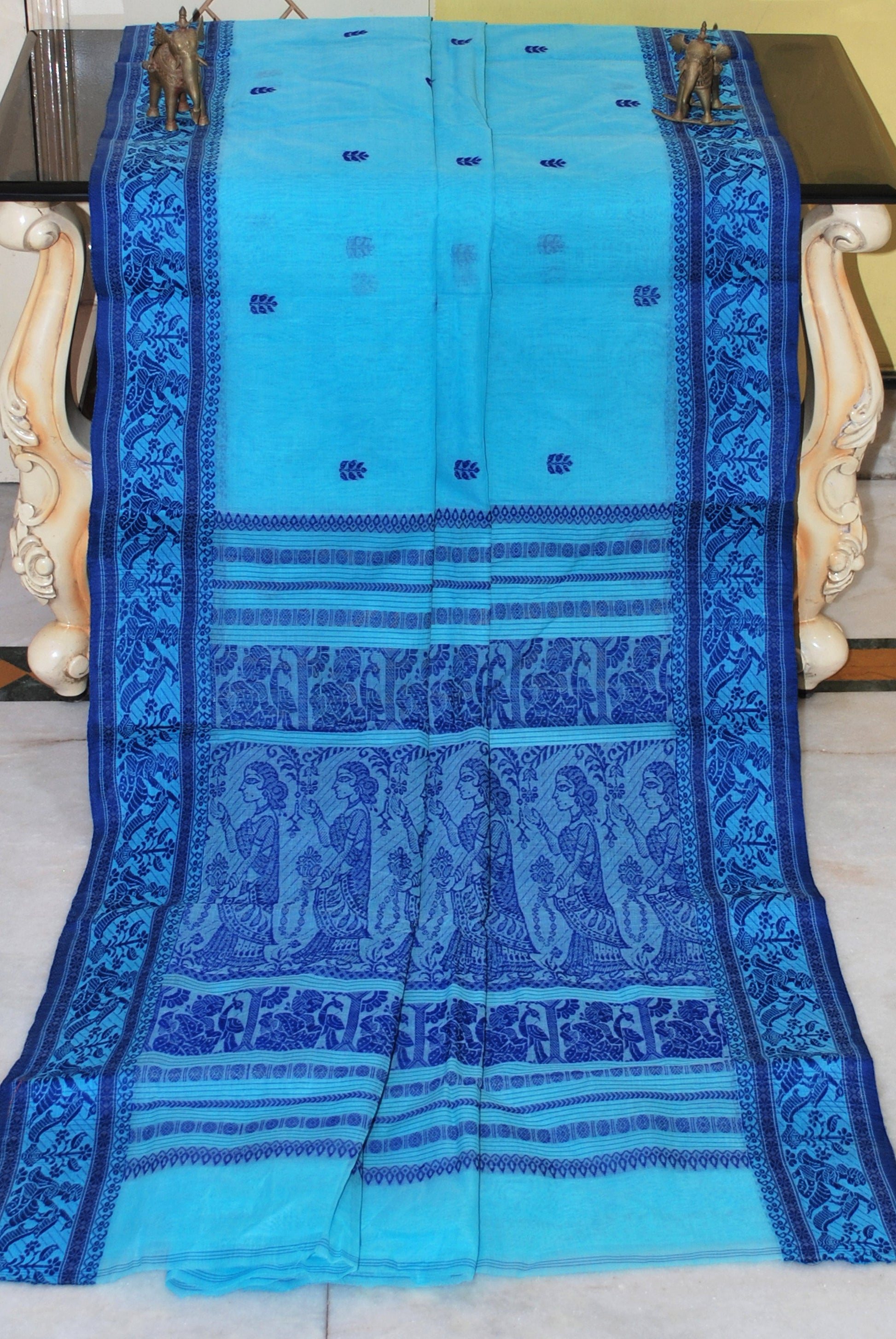 Bengal Handloom Cotton Baluchuri Saree in Sky Blue and Admiral Blue