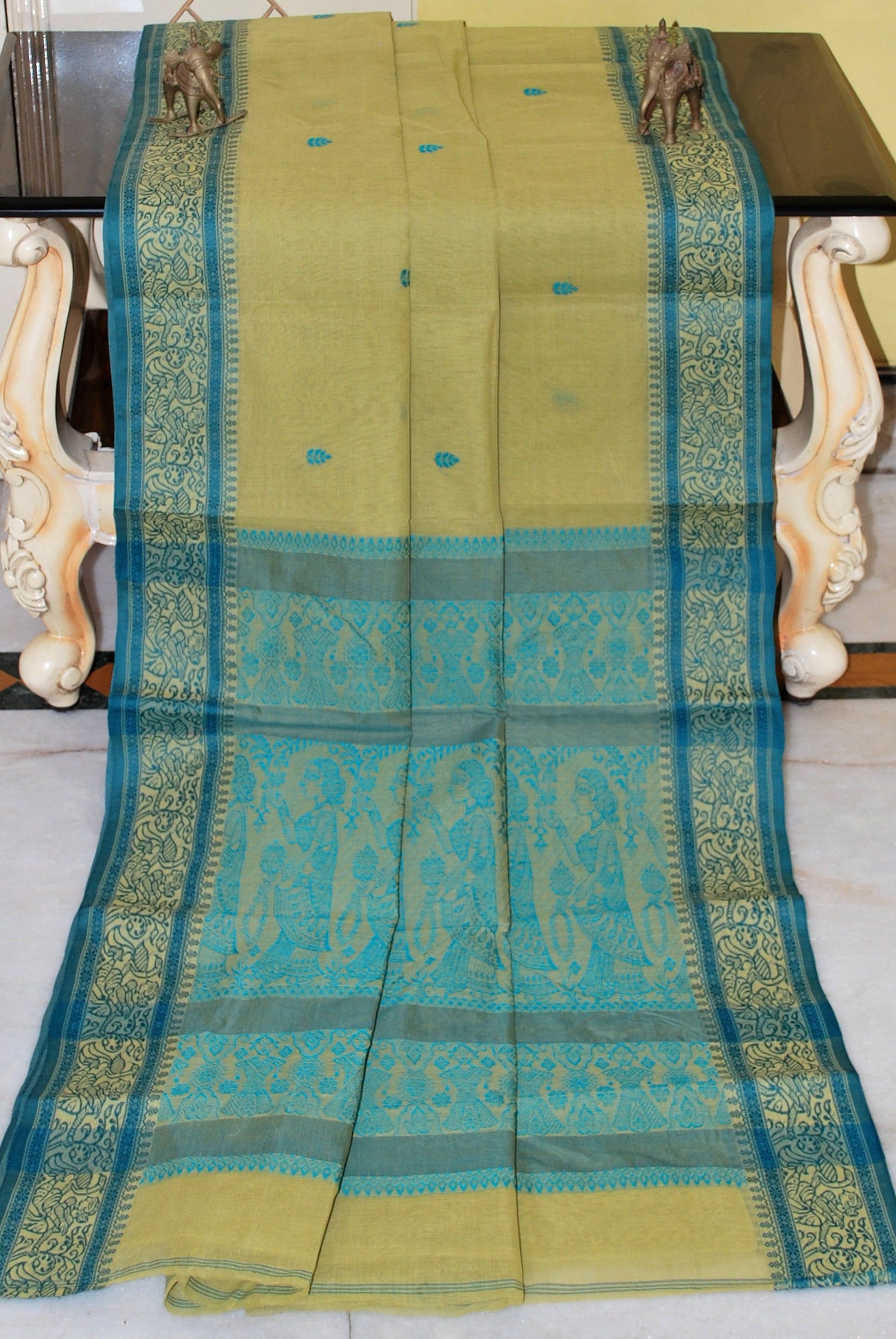 Bengal Handloom Cotton Baluchari Saree in Pistachio and Teal