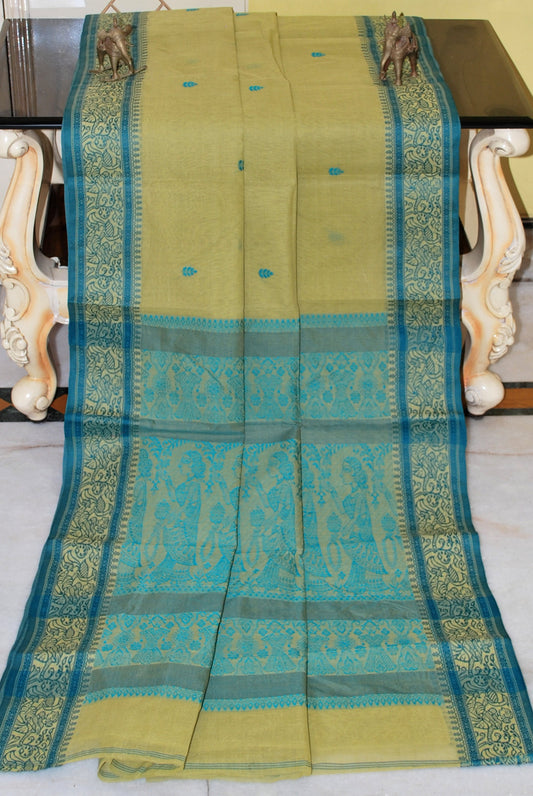 Bengal Handloom Cotton Baluchari Saree in Pistachio and Teal