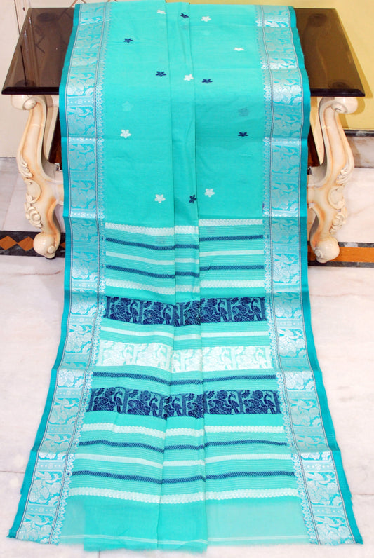 Bengal Handloom Cotton Baluchari Saree in Seagreen, Midnight Blue and Pearl White