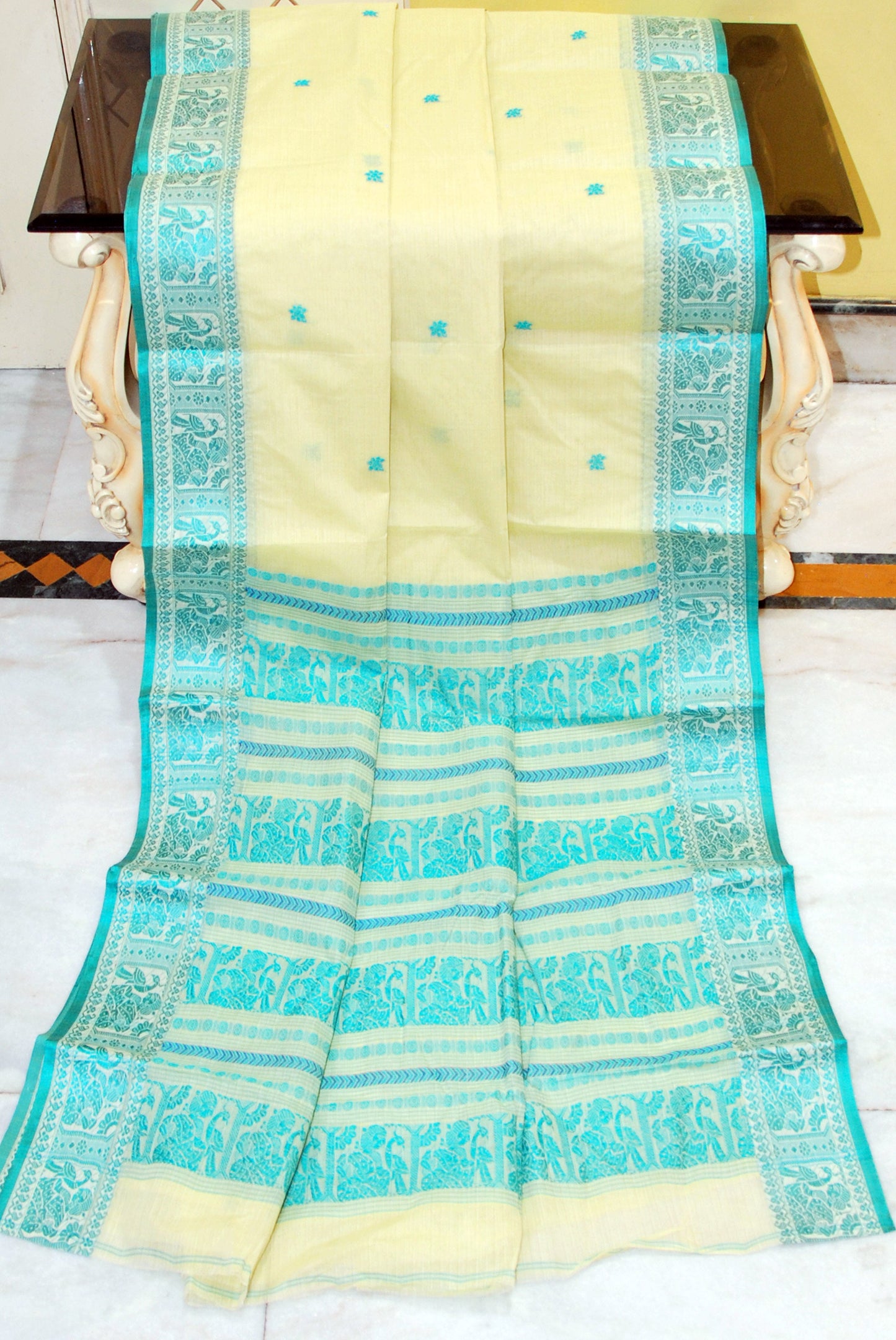 Bengal Handloom Cotton Baluchari Saree in Pale Yellow and Turquoise