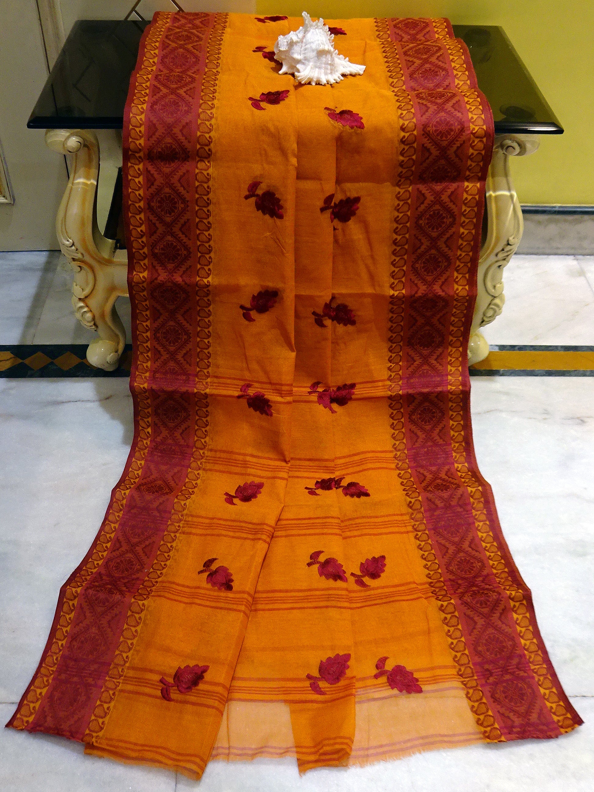 Bengal Handloom Cotton Saree with Leaf Motif Embroidery Work in Mustard and Maroon