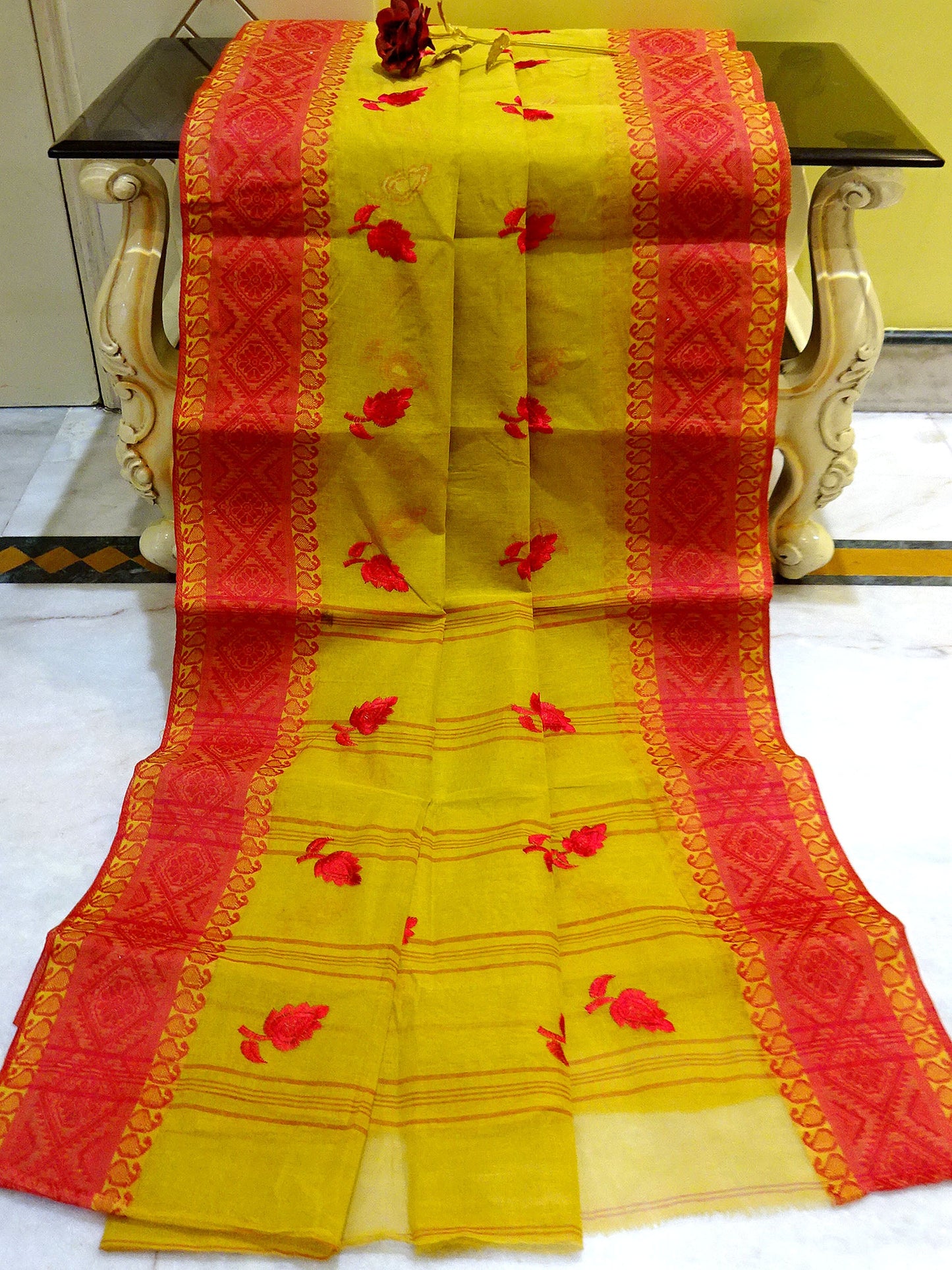 Bengal Handloom Cotton Saree with Leaf Motif Embroidery Work in Olive Green and Red