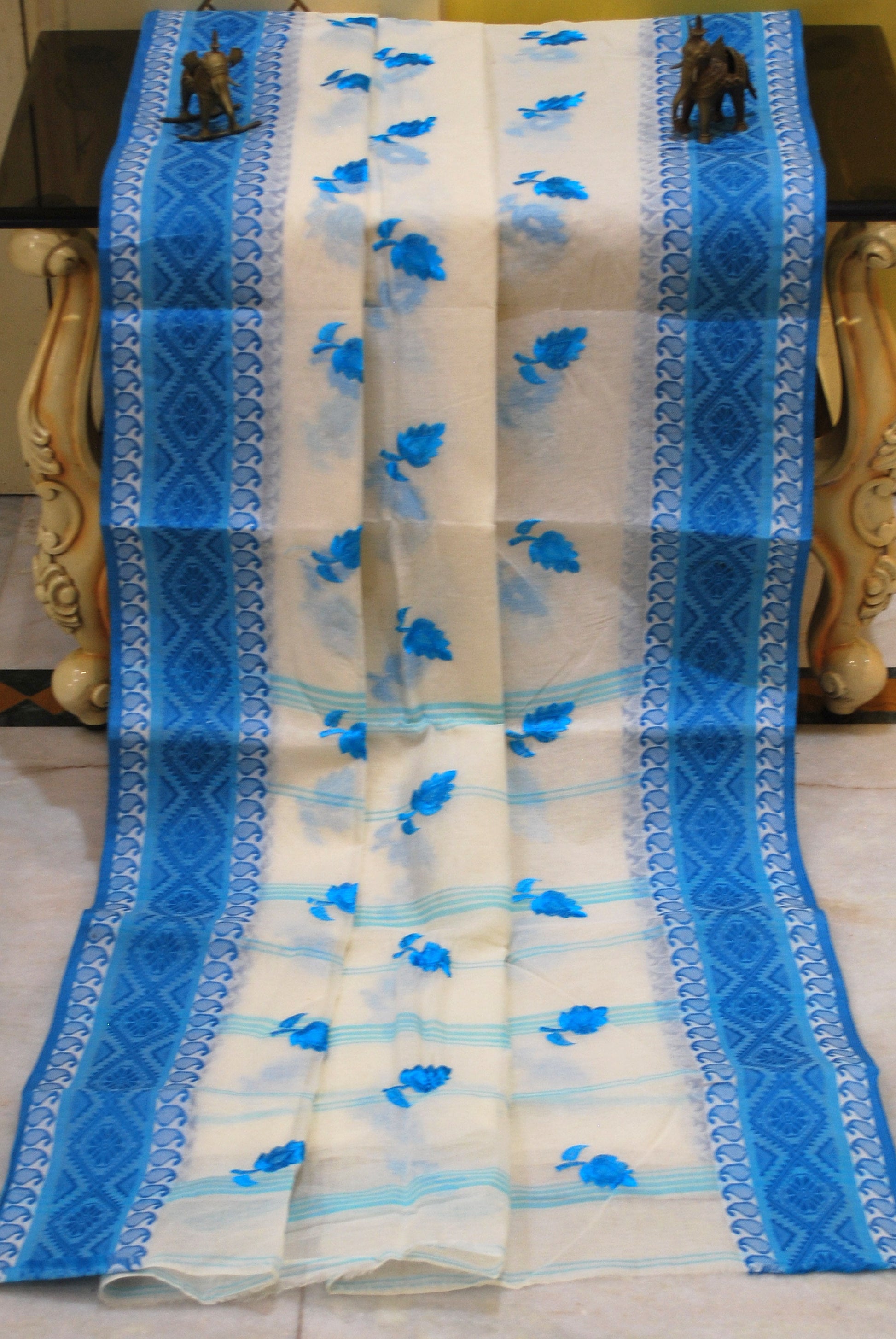 Bengal Handloom Cotton Saree with Leaf Motif Embroidery Work in White and Blue