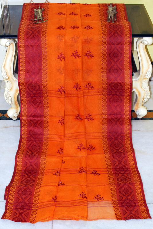 Bengal Handloom Cotton Saree with Floral Motif Embroidery Work in Mustard Golden and Maroon