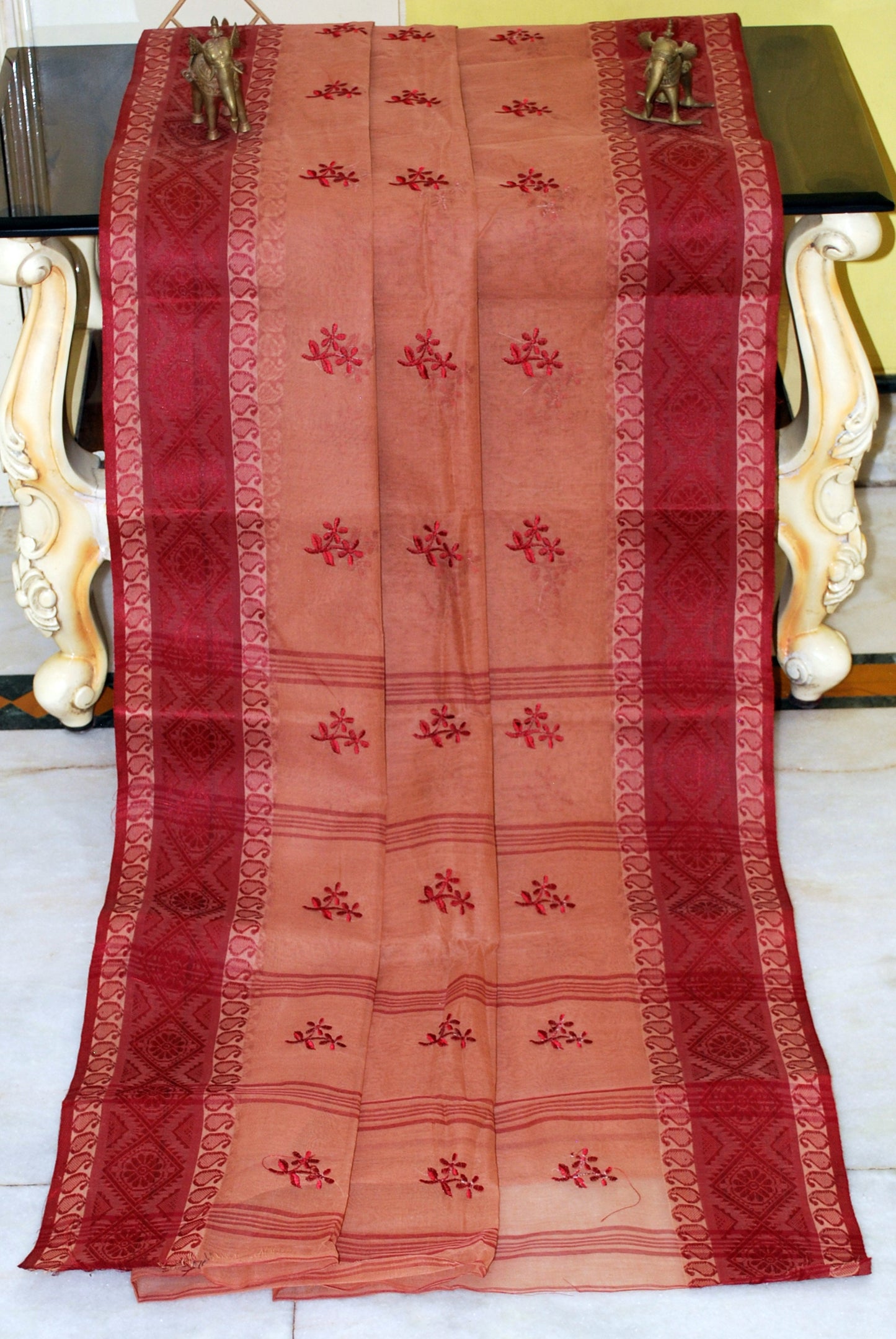 Bengal Handloom Cotton Saree with Floral Motif Embroidery Work in Sandalwood and Maroon