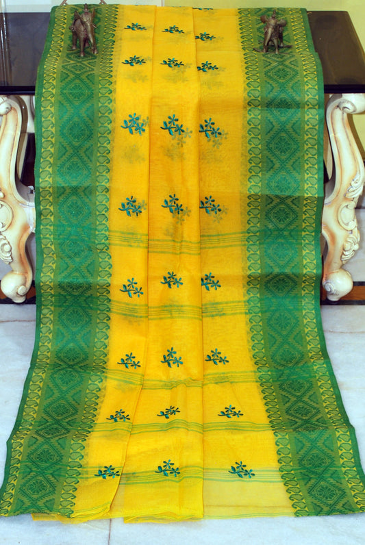 Bengal Handloom Cotton Saree with Floral Motif Embroidery Work in Yellow and Green