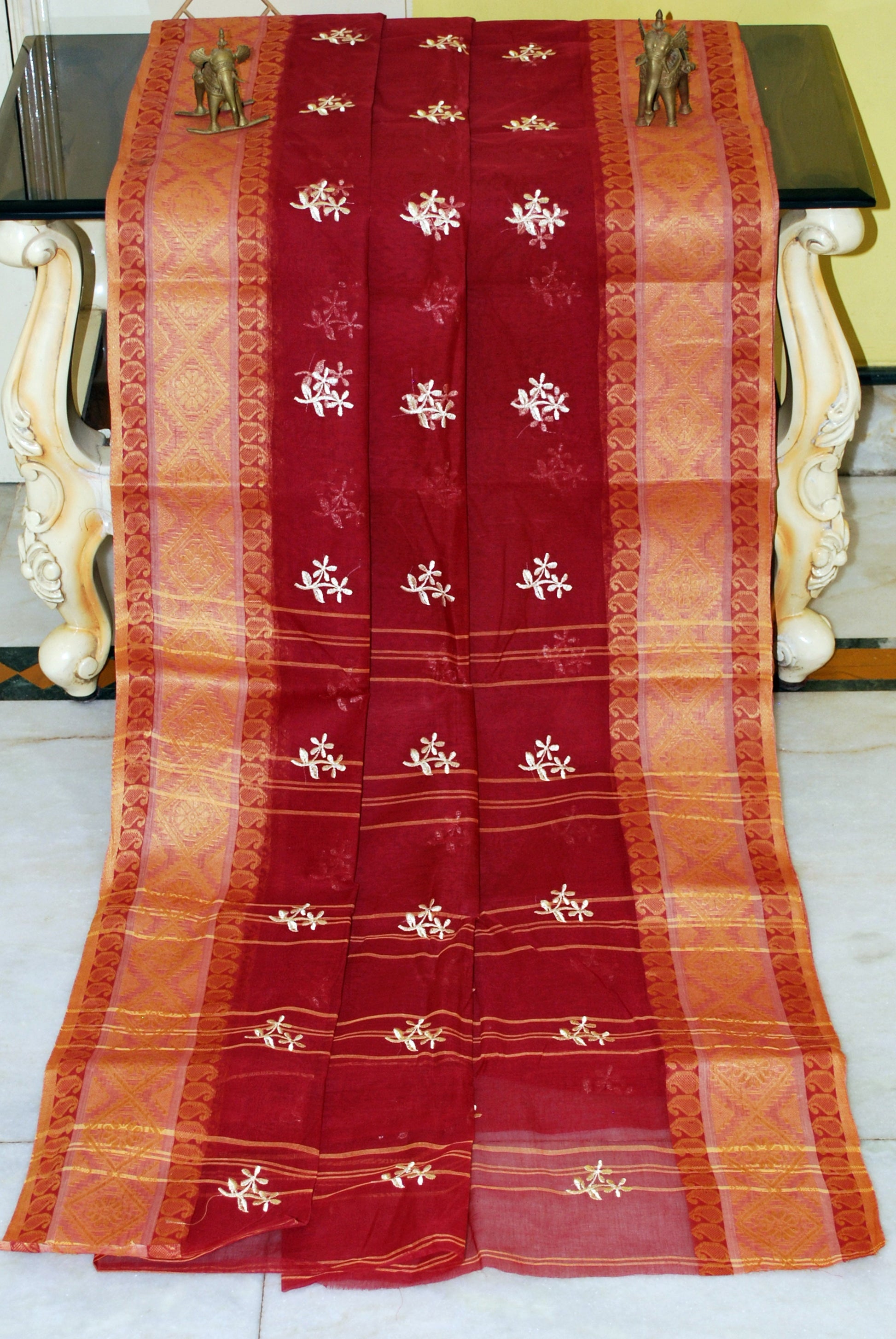 Bengal Handloom Cotton Saree with Floral Motif Embroidery Work in Maroon, White and Pale Golden