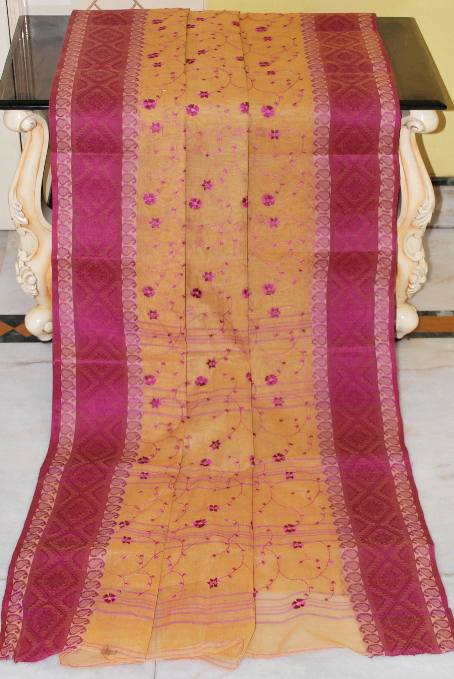 Bengal Handloom Cotton Saree with Floral Jaal Embroidery Work in Fawn and Magenta