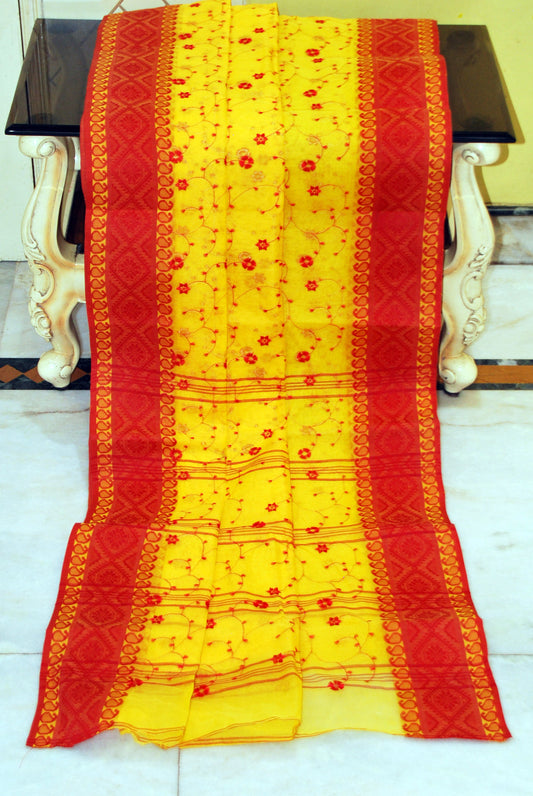 Bengal Handloom Cotton Saree with Floral Jaal Embroidery Work in Yellow and Red