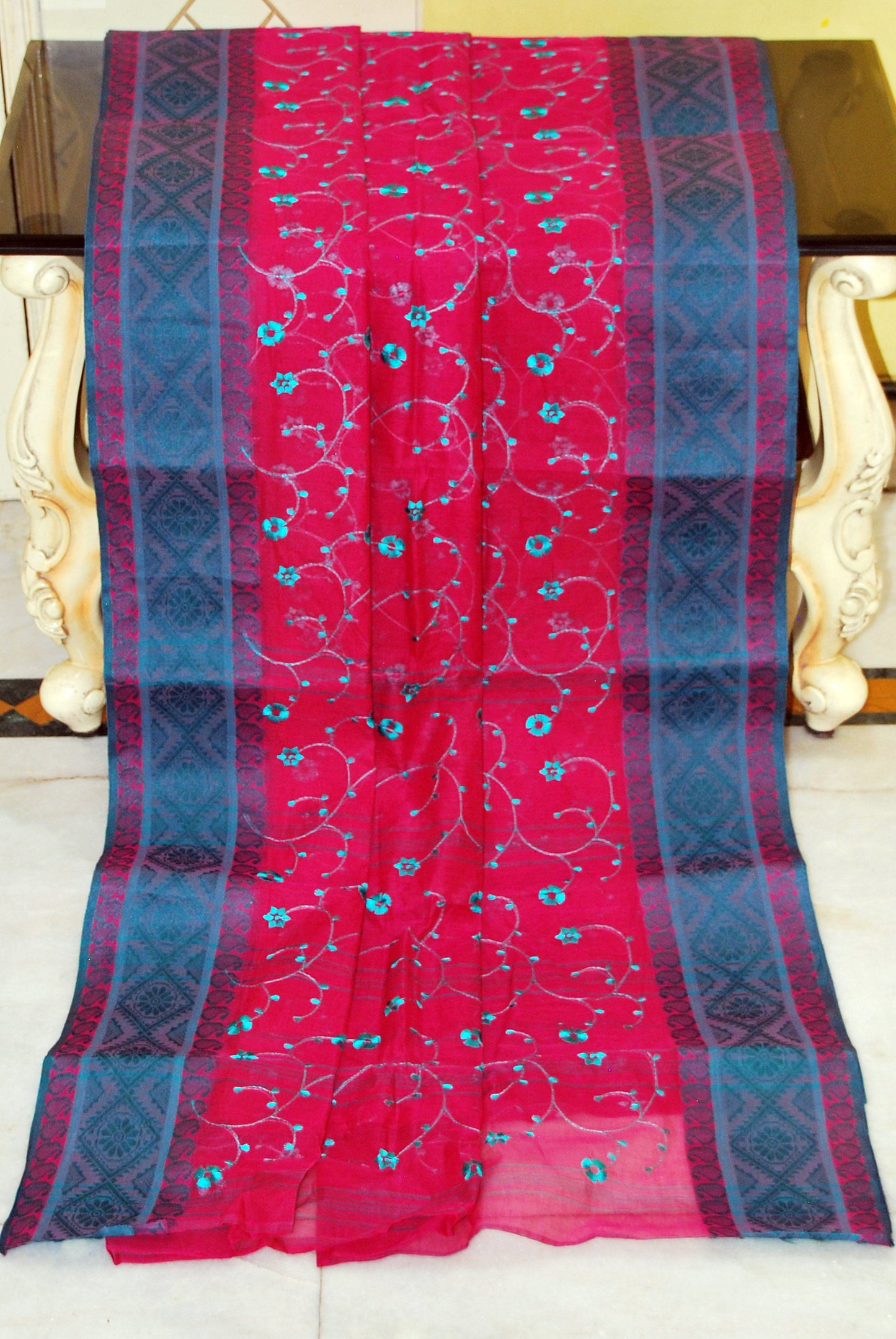 Bengal Handloom Cotton Saree with Floral Jaal Embroidery Work in Hot Pink and Teal Blue