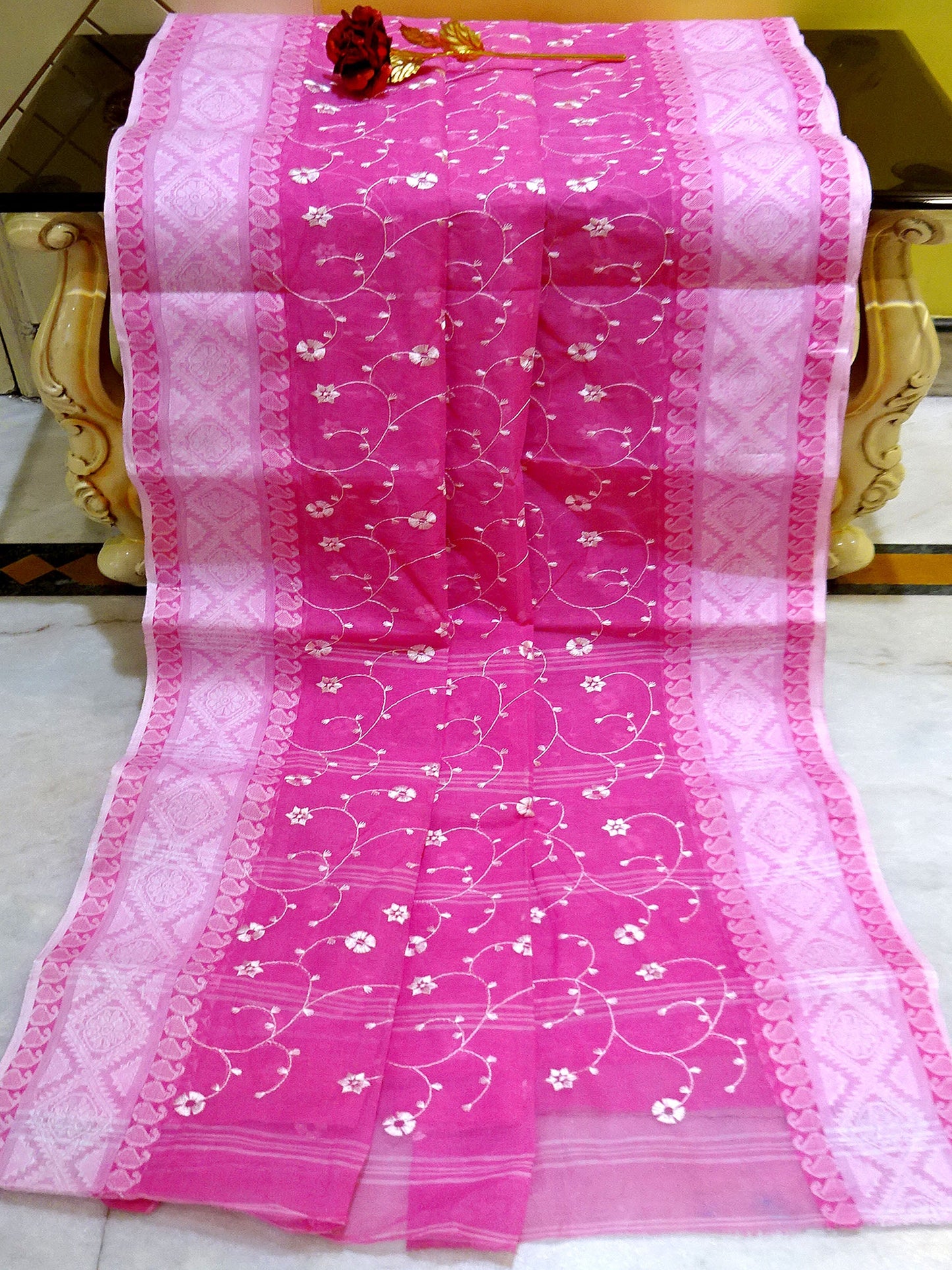 Bengal Handloom Cotton Saree with Floral Jaal Embroidery Work in Pink and Off White