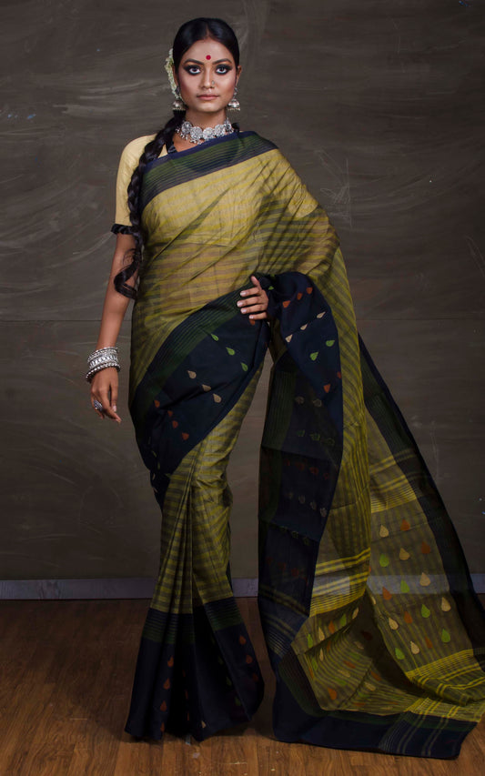 Bengal Handloom Cotton Bomkai Saree in Moss Green