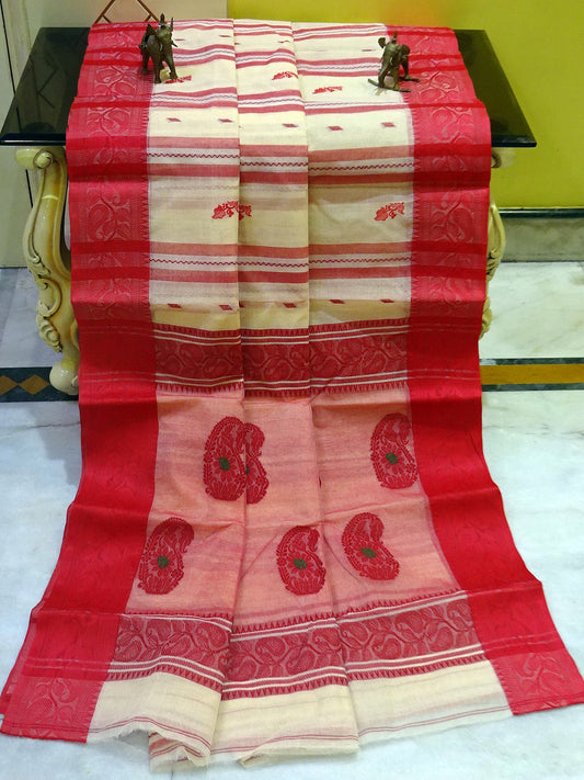 Sil Nakshi Border Bengal Handloom Cotton Bomkai Saree in Parmesan, Red and Green