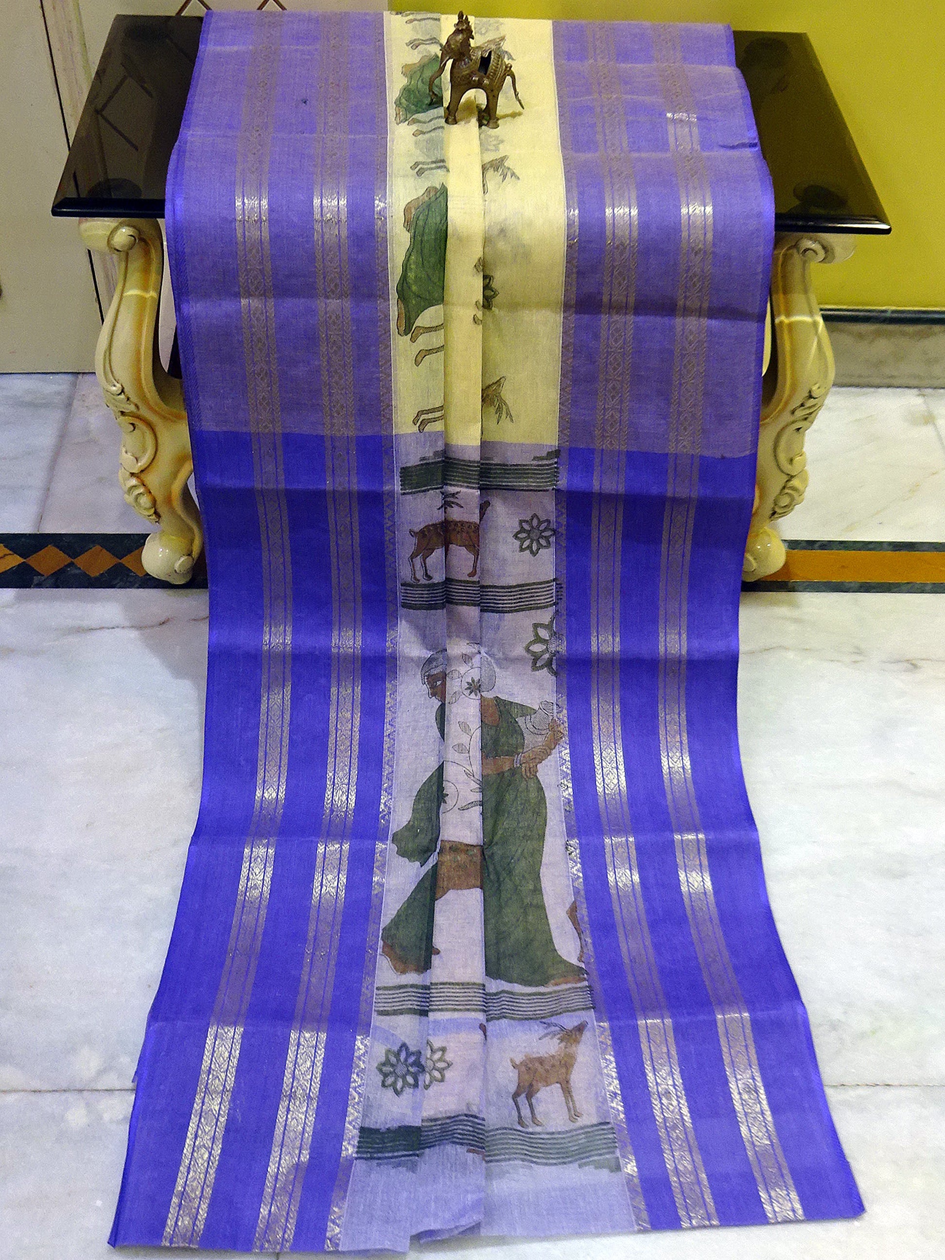 Block Printed Bengal Handloom Cotton Saree in Cream and Orchid Blue