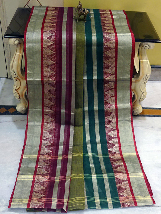 Temple Border Tangail Cotton Saree in Moss Green, Dark Red and Dark Green with Stripes