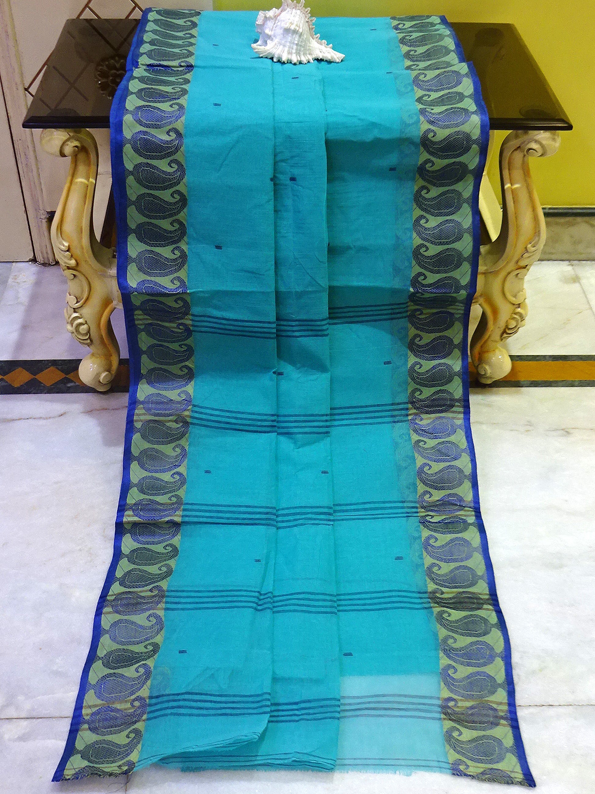 Woven Paisley Motif Work Bengal Handloom Cotton Saree in Sea Green and Blue