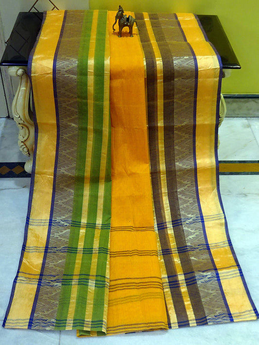 Temple Border Tangail Cotton Saree in Bright Yellow, Green and Blue with Stripes