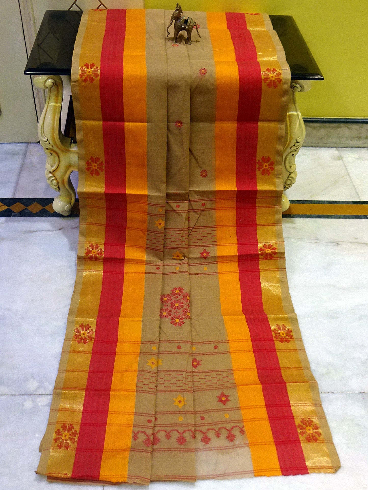 Bengal Handloom Cotton Bomkai Saree in Khaki, Red and Golden Yellow