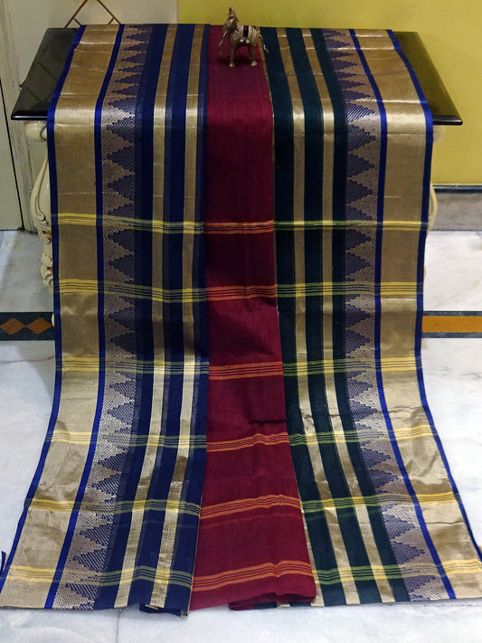 Temple Border Tangail Cotton Saree in Maroon, Navy Blue and Green with Beige Stripes