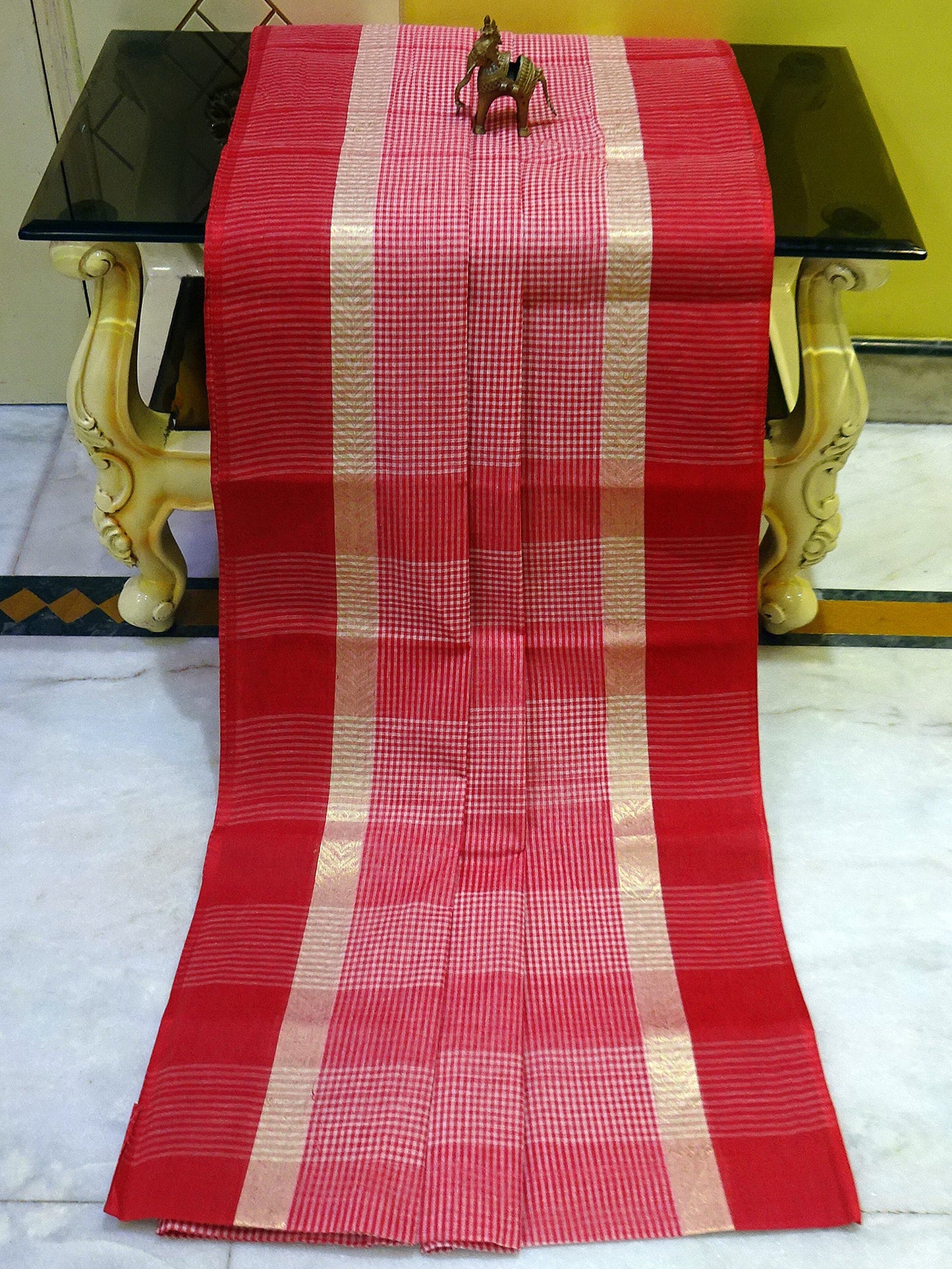 Bengal Handloom Cotton Micro Checks Saree in Red and White