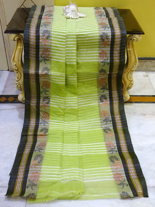 Traditional Bengal Cotton Tangail Saree in Lime Green, Copper and Black