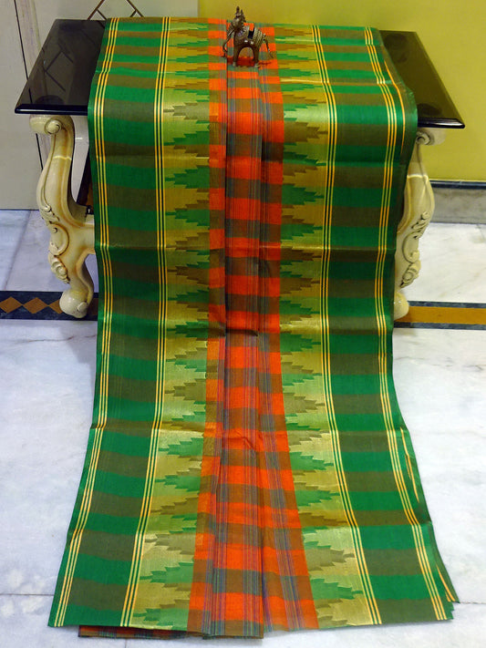 Temple Border Tangail Checks Cotton Saree in Orange, Green and Matt Golden