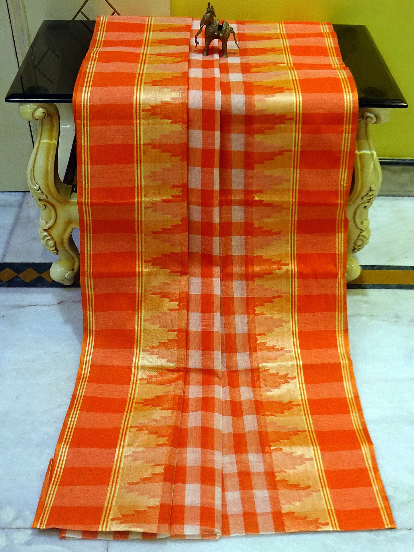 Temple Border Tangail Checks Cotton Saree in Orange, Off White and Matt Golden