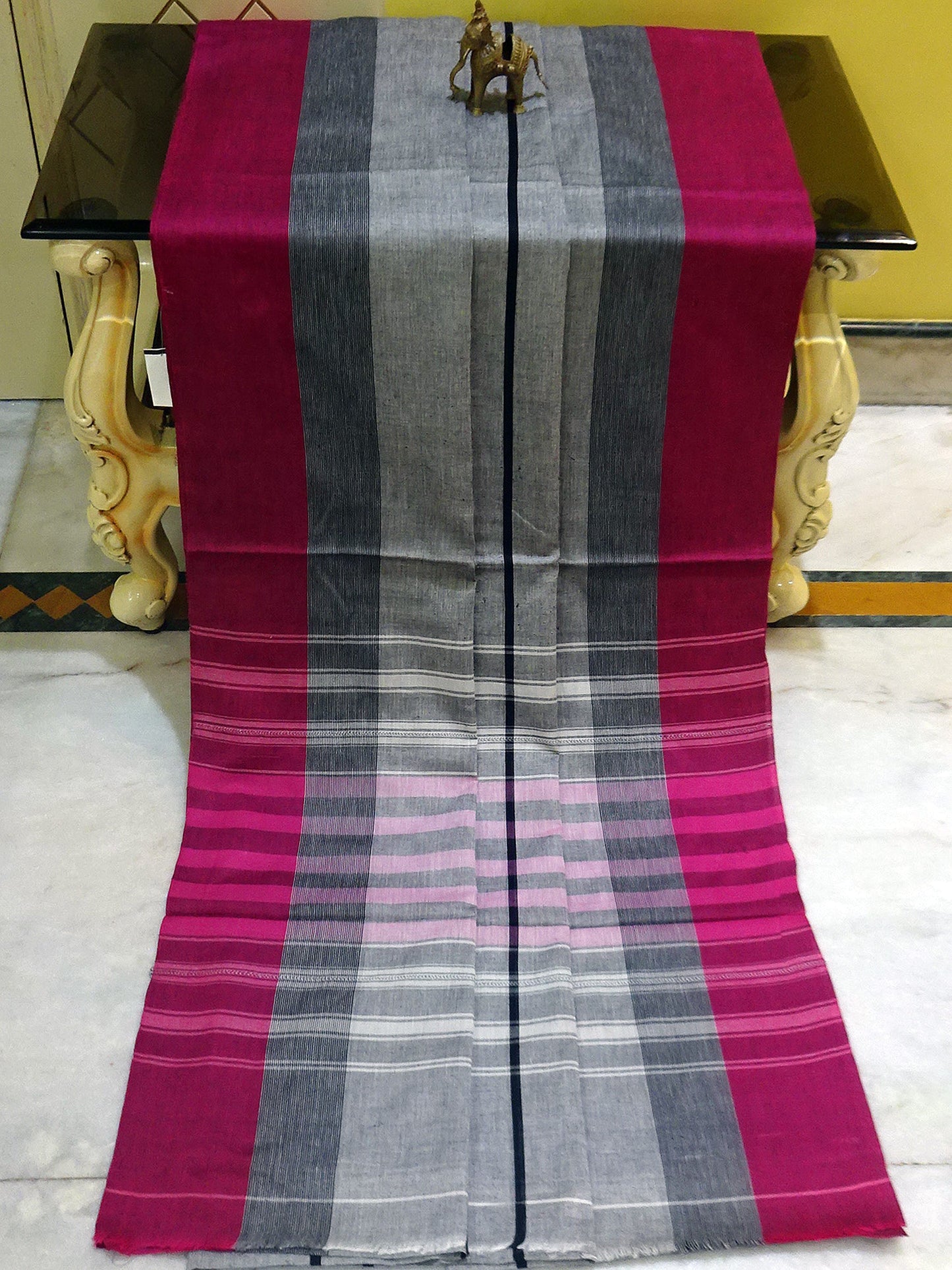 Bengal Handloom Designer Cotton Saree in Light Grey, Black and Magenta