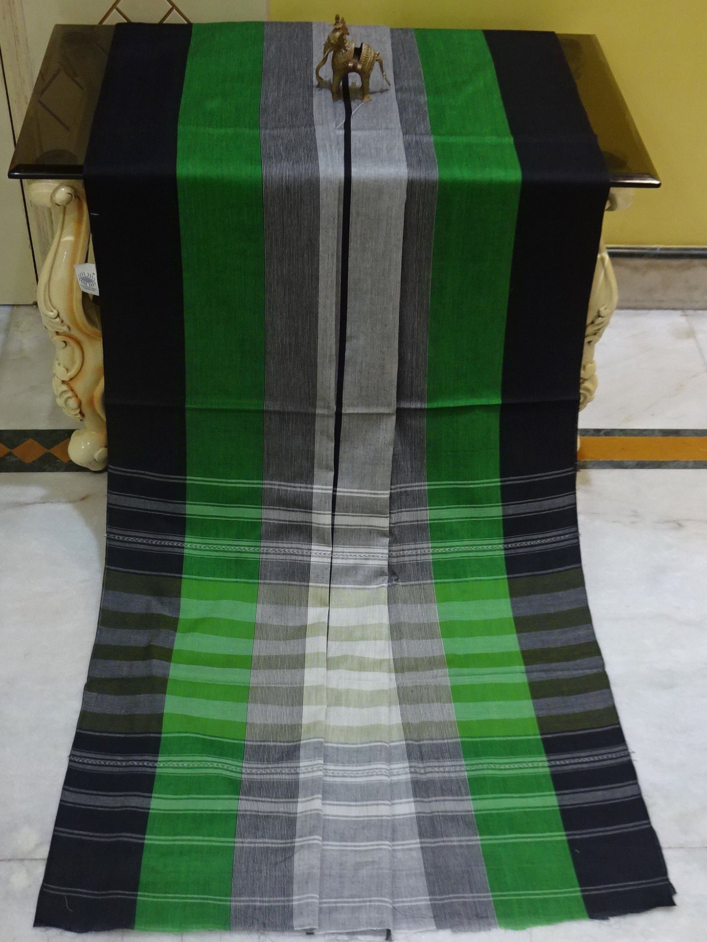 Bengal Handloom Designer Cotton Saree in Light Grey, Black and Forest Green - Bengal Looms India