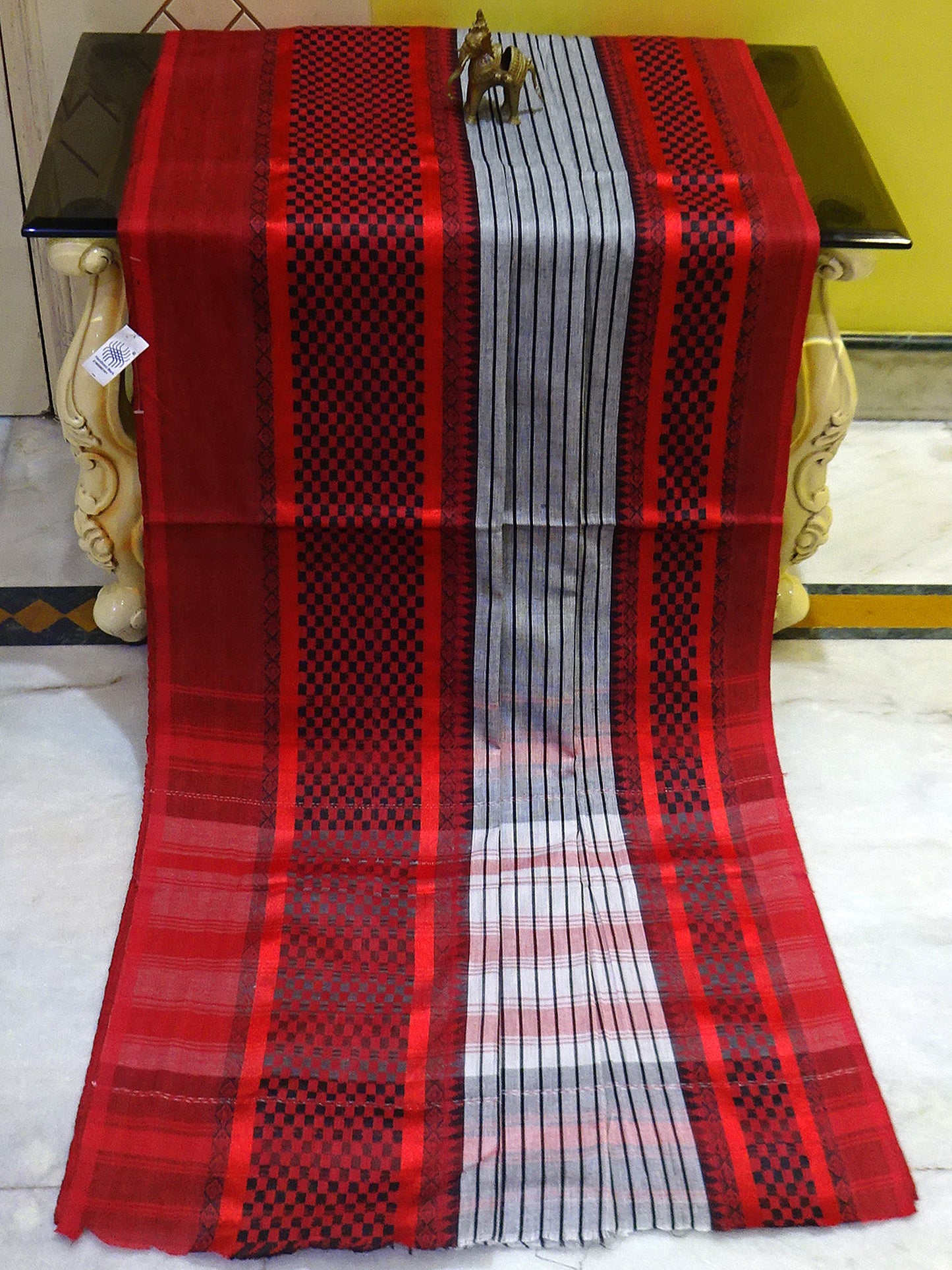 Bengal Handloom Designer Cotton Saree in Ash Grey, Dark Red and Black