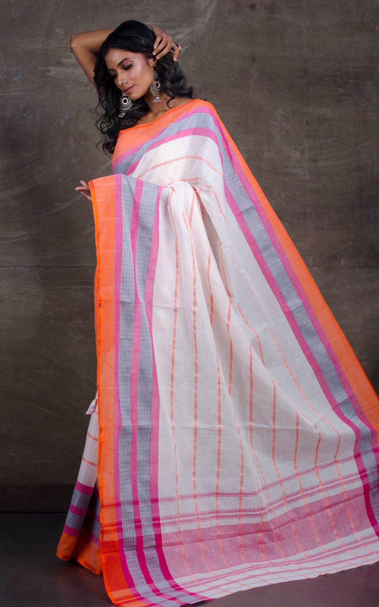 Bengal Handloom Designer Cotton Saree in Off White, Pink and Orange