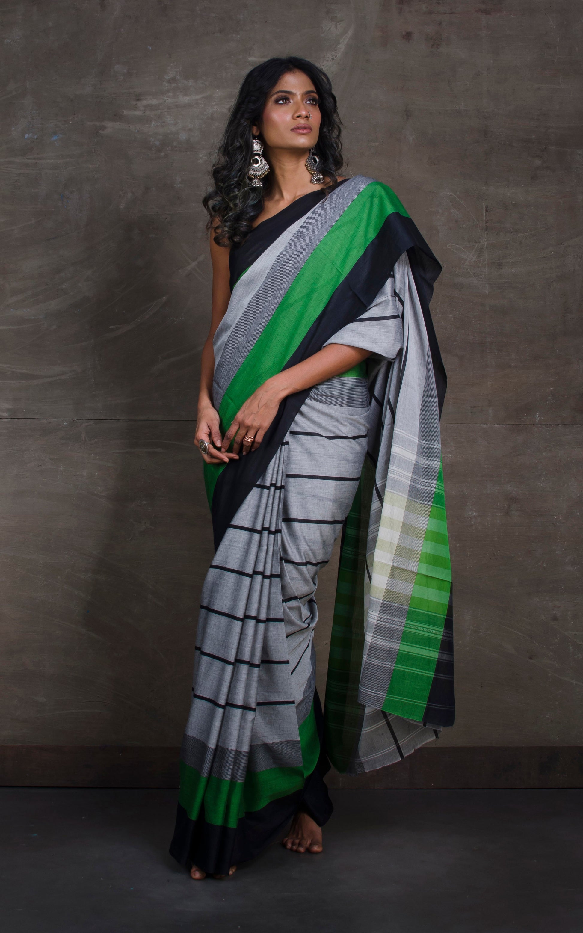 Bengal Handloom Designer Cotton Saree in Light Grey, Black and Forest Green