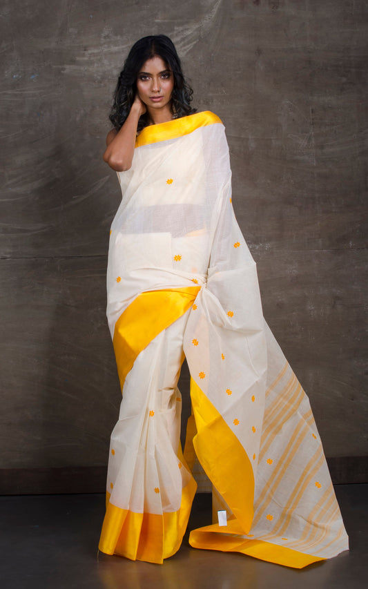 Bengal Handloom Satin Silk Border Cotton Saree in White and Yellow